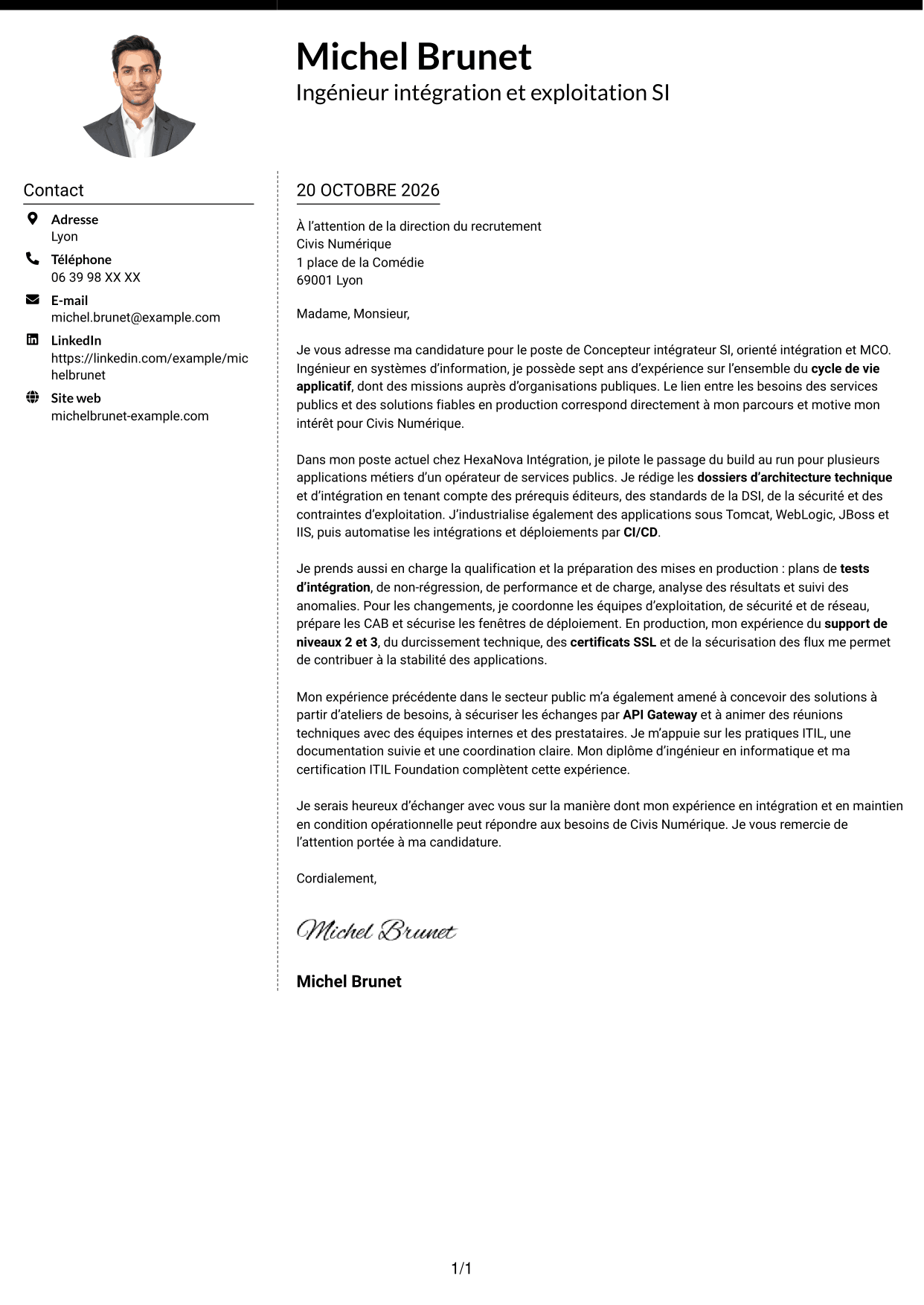 Lettre de motivation Moderne (format à deux colonnes avec photo à gauche et séparateur) : Concepteur intégrateur SI - Intégration et MCO, page 1