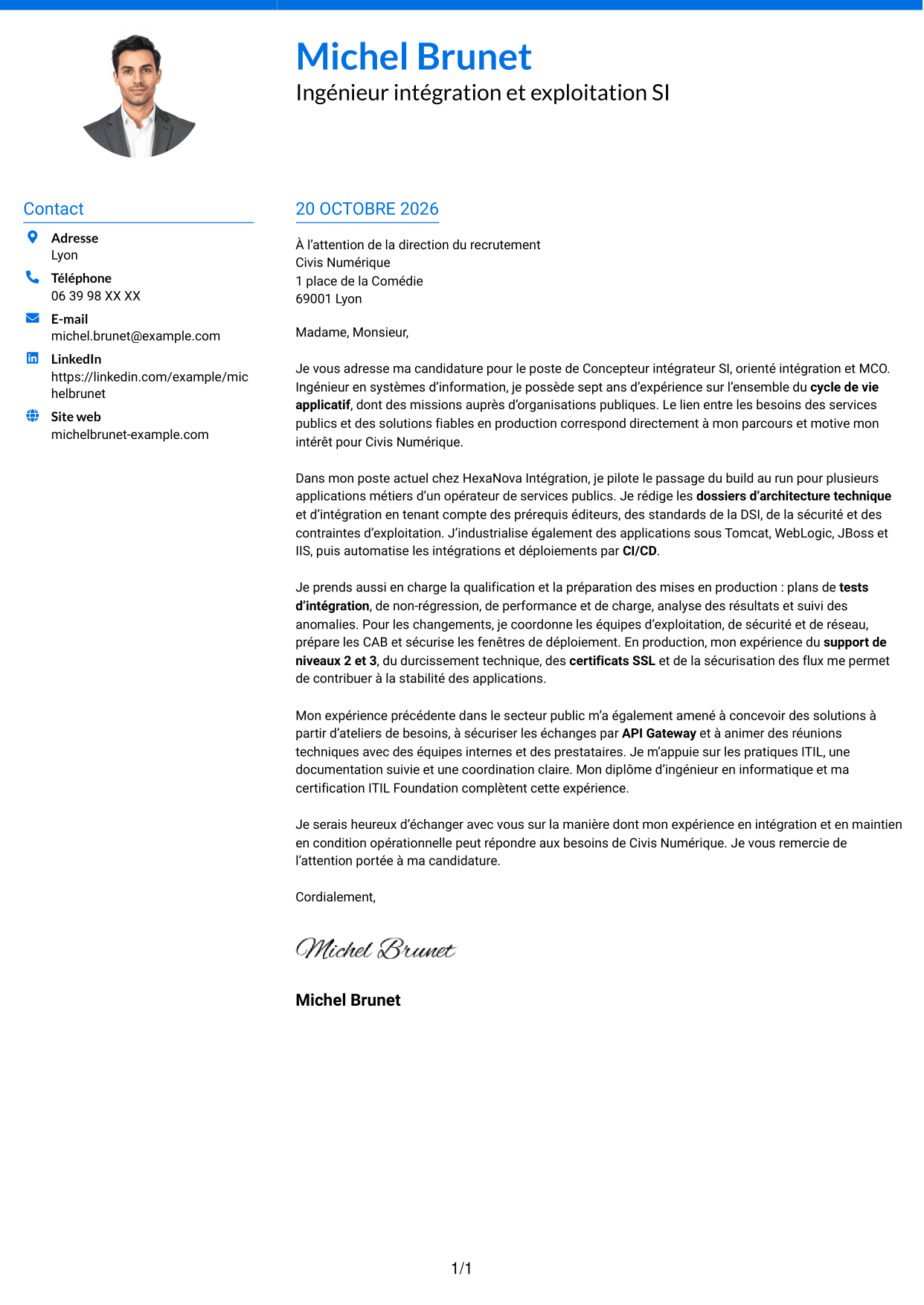 Lettre de motivation Audacieux (format à deux colonnes avec accents colorés et photo) : Concepteur intégrateur SI - Intégration et MCO, page 1