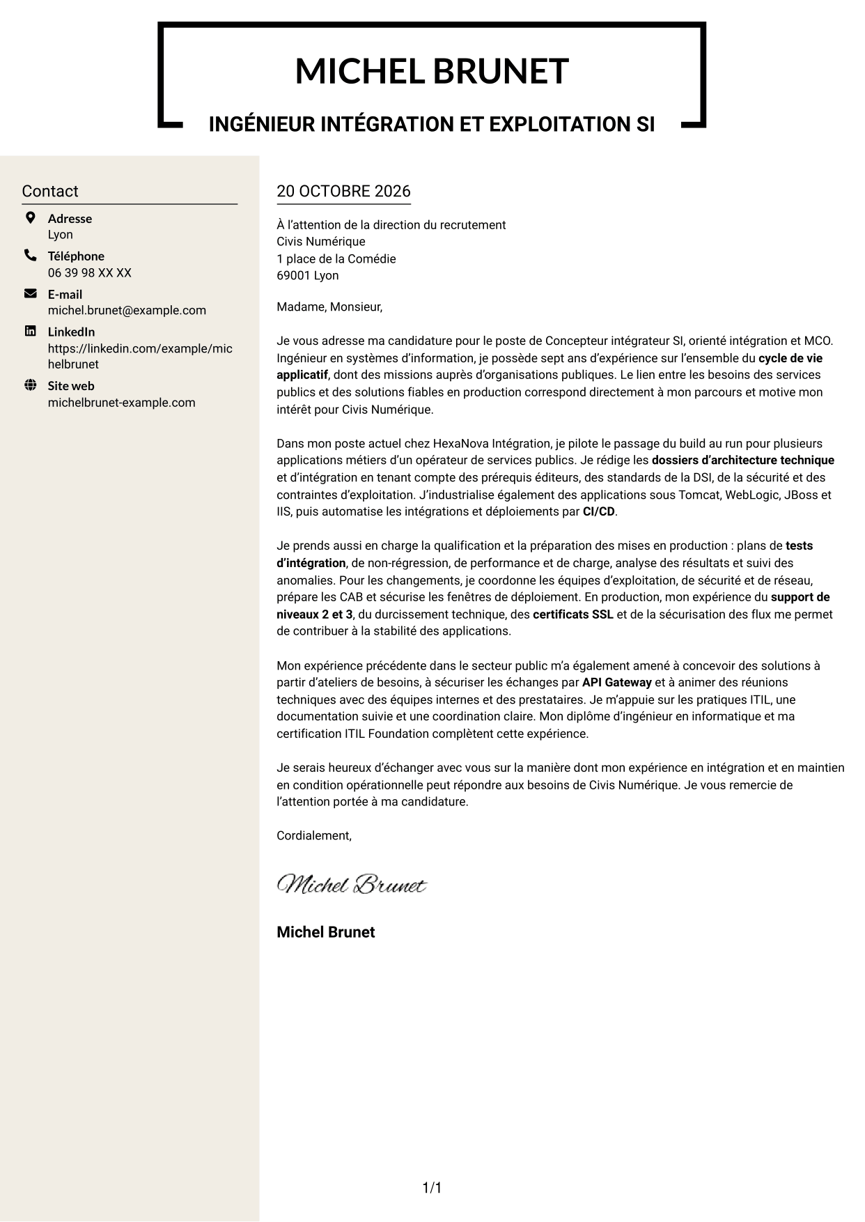 Lettre de motivation Fonceur (format à deux colonnes avec en-tête centré sans photo) : Concepteur intégrateur SI - Intégration et MCO, page 1