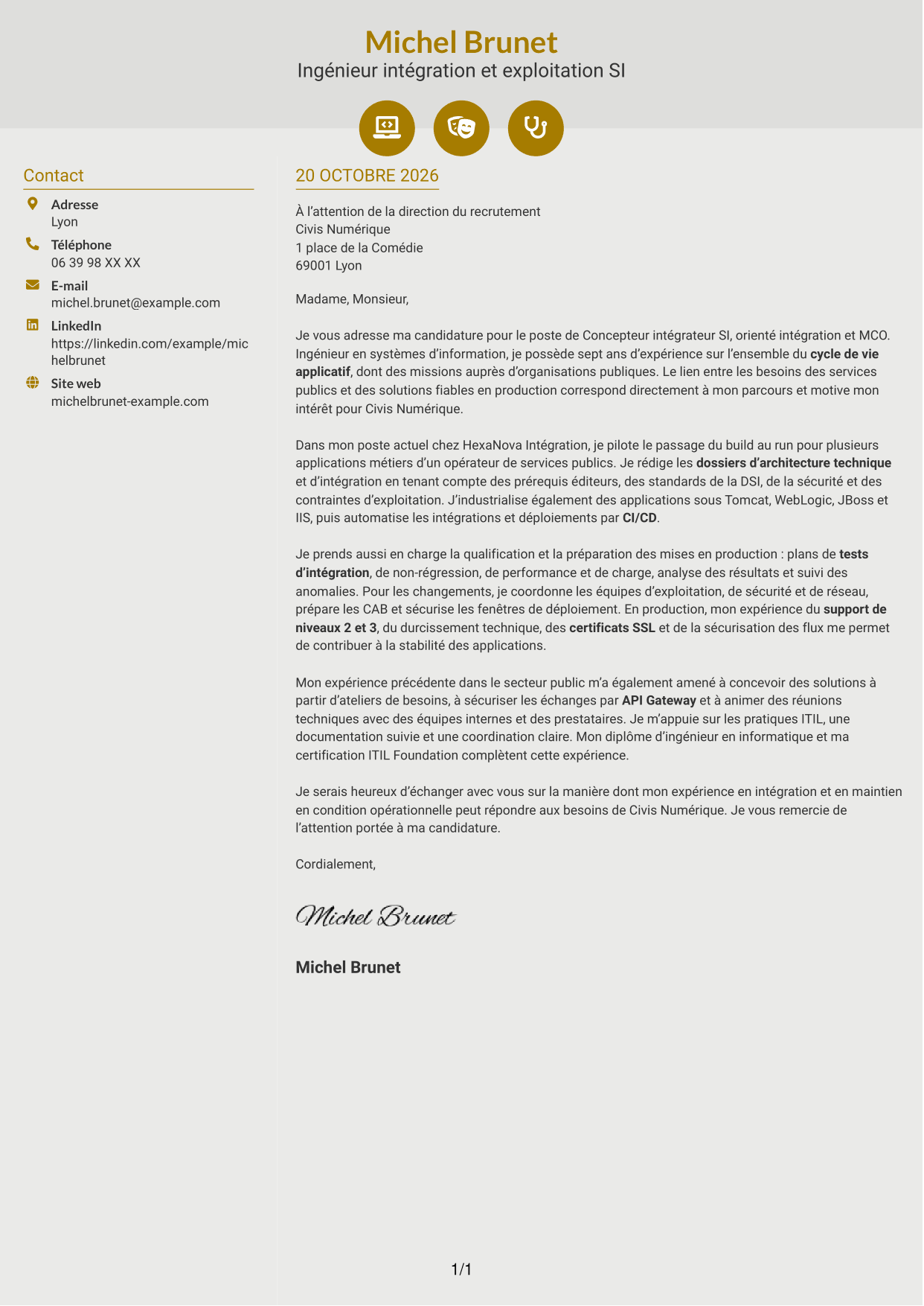 Lettre de motivation Dynamique (format à deux colonnes avec icônes) : Concepteur intégrateur SI - Intégration et MCO, page 1