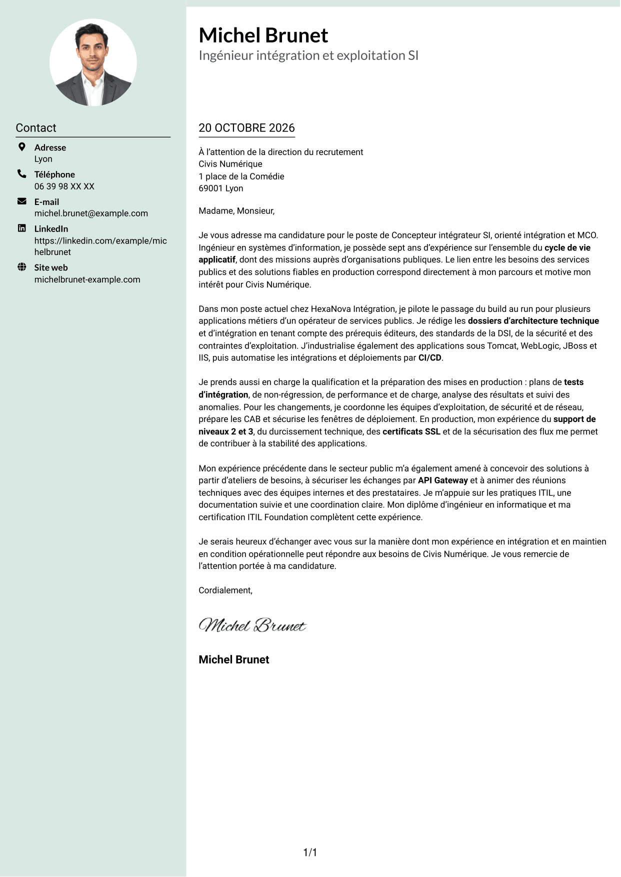 Lettre de motivation Cadre (format à colonne latérale douce avec photo arrondie) : Concepteur intégrateur SI - Intégration et MCO, page 1