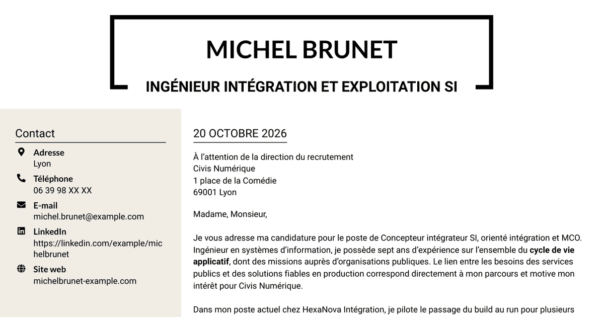 7 modèles de lettre de motivation pour Concepteur intégrateur SI - Intégration et MCO, avec exemples
