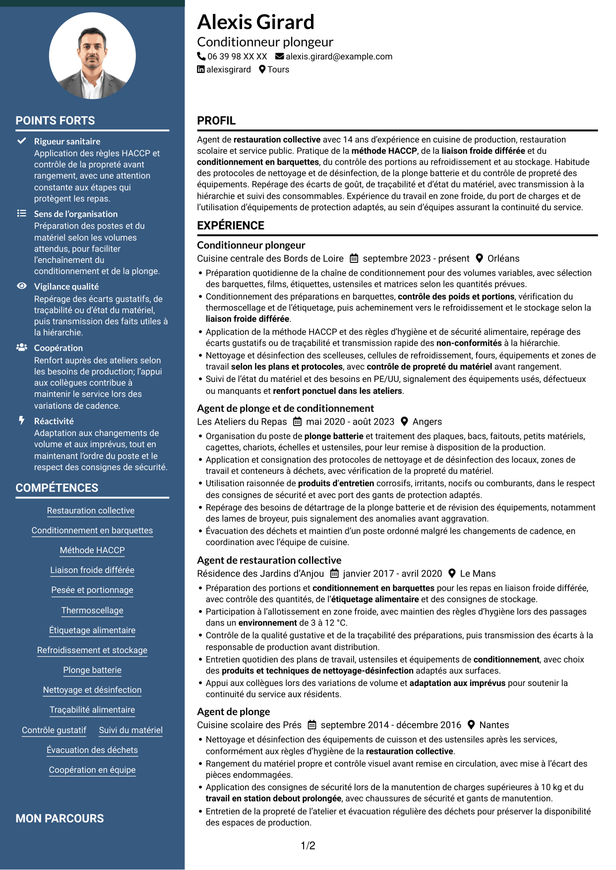 CV Élégant (format à colonne latérale colorée avec photo) : Conditionneur plongeur - Restauration collective, page 1