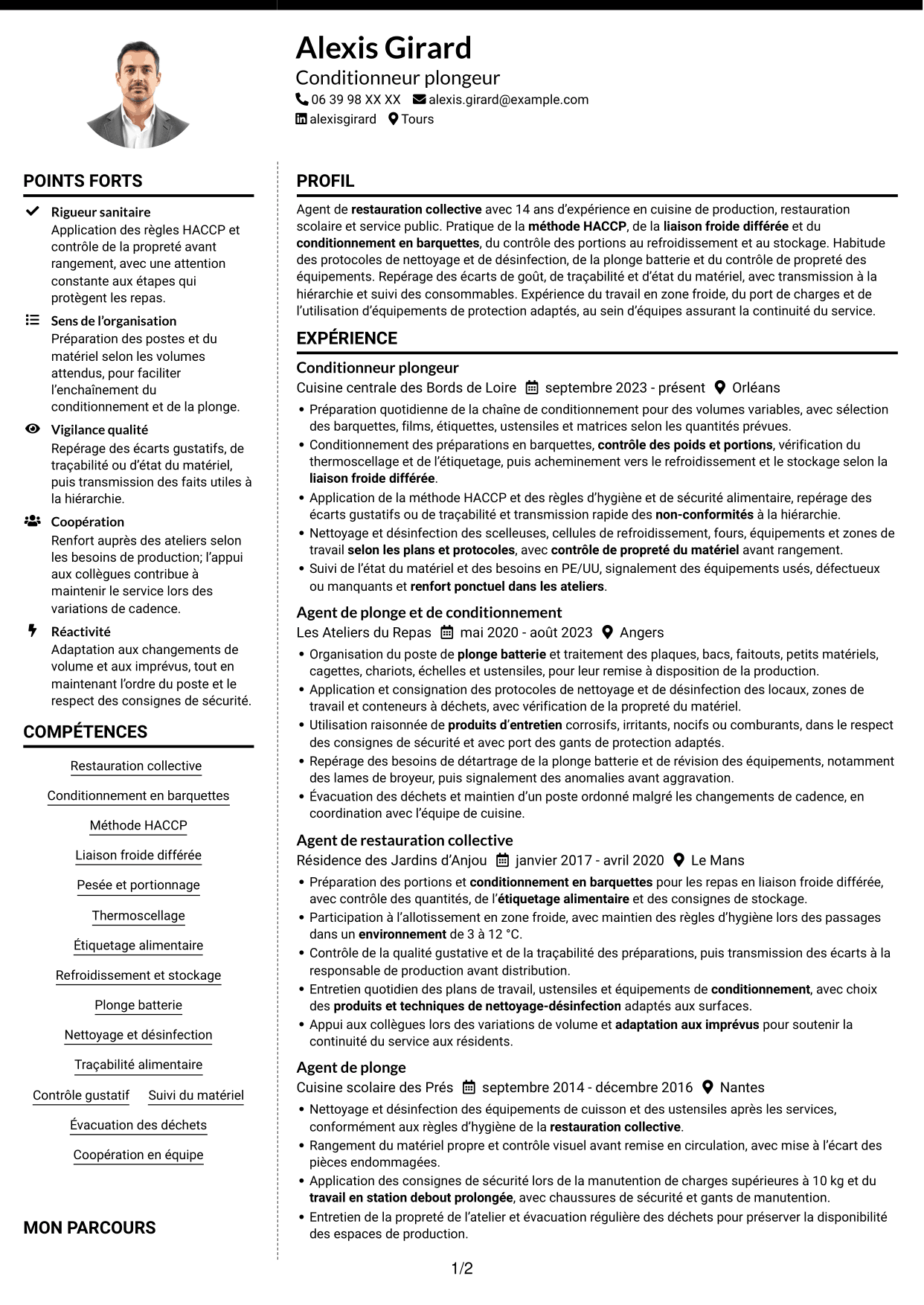 CV Moderne (format à deux colonnes avec photo à gauche et séparateur) : Conditionneur plongeur - Restauration collective, page 1
