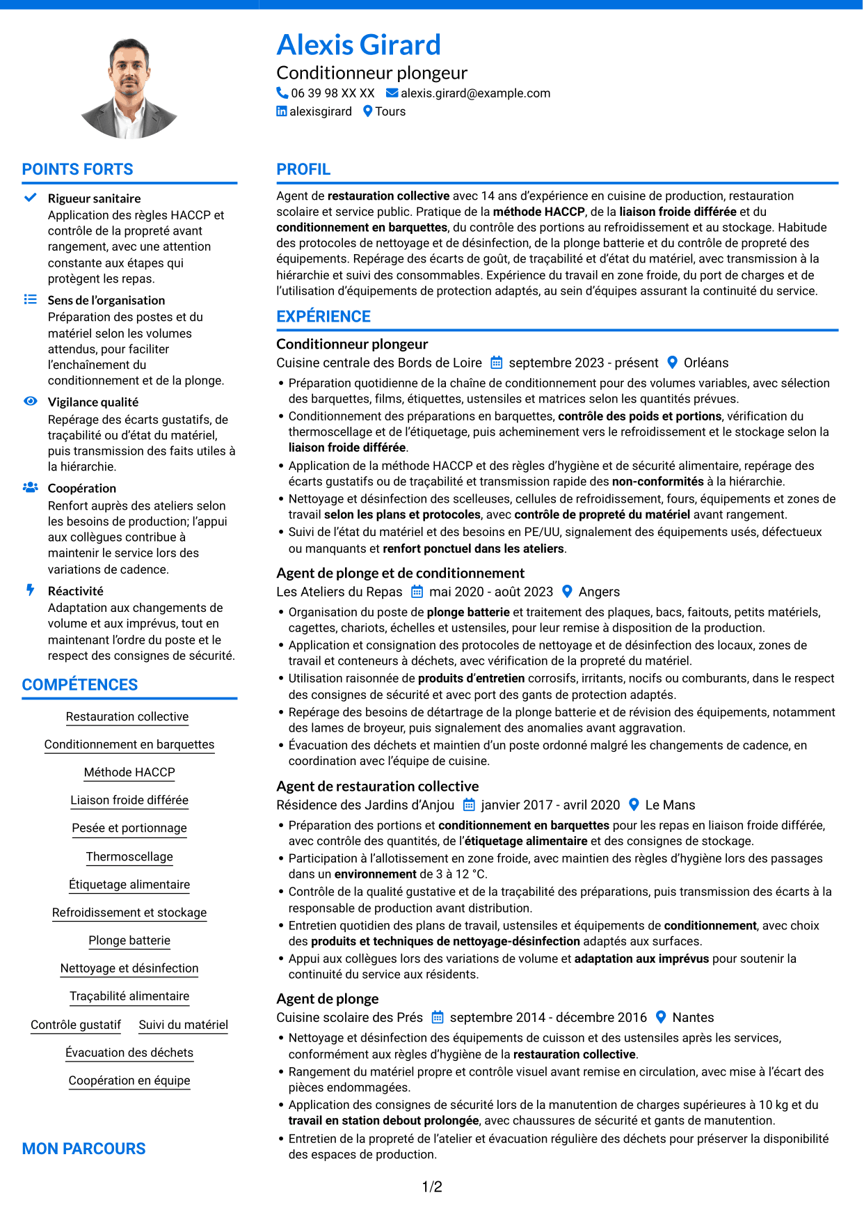 CV Audacieux (format à deux colonnes avec accents colorés et photo) : Conditionneur plongeur - Restauration collective, page 1