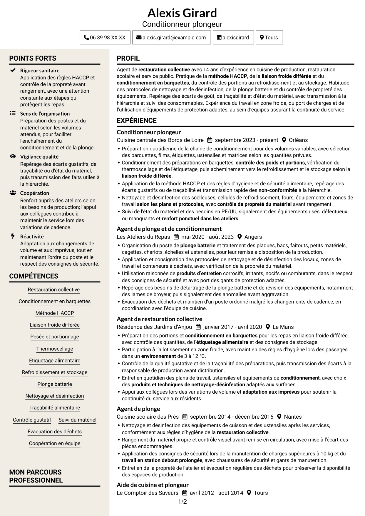CV Fonceur (format à deux colonnes avec en-tête centré sans photo) : Conditionneur plongeur - Restauration collective, page 1