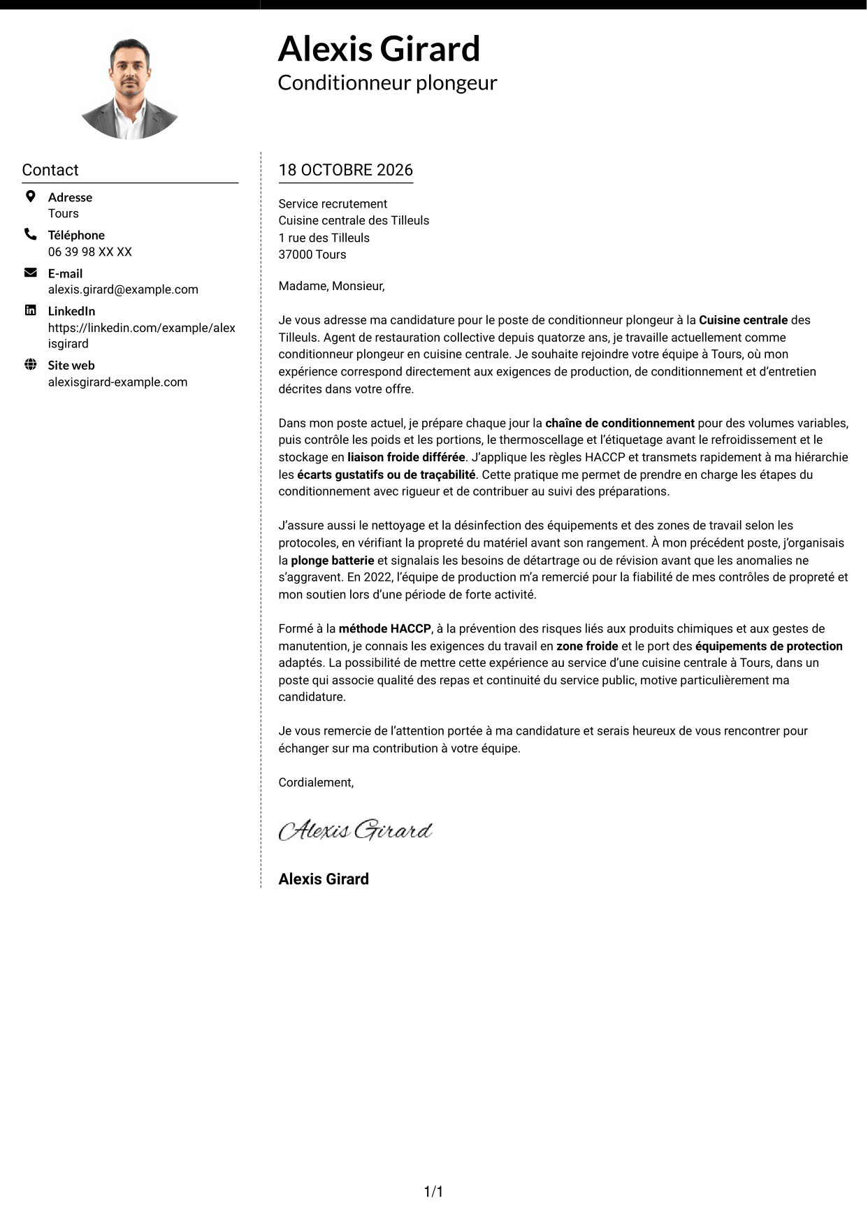 Lettre de motivation Moderne (format à deux colonnes avec photo à gauche et séparateur) : Conditionneur plongeur - Restauration collective, page 1