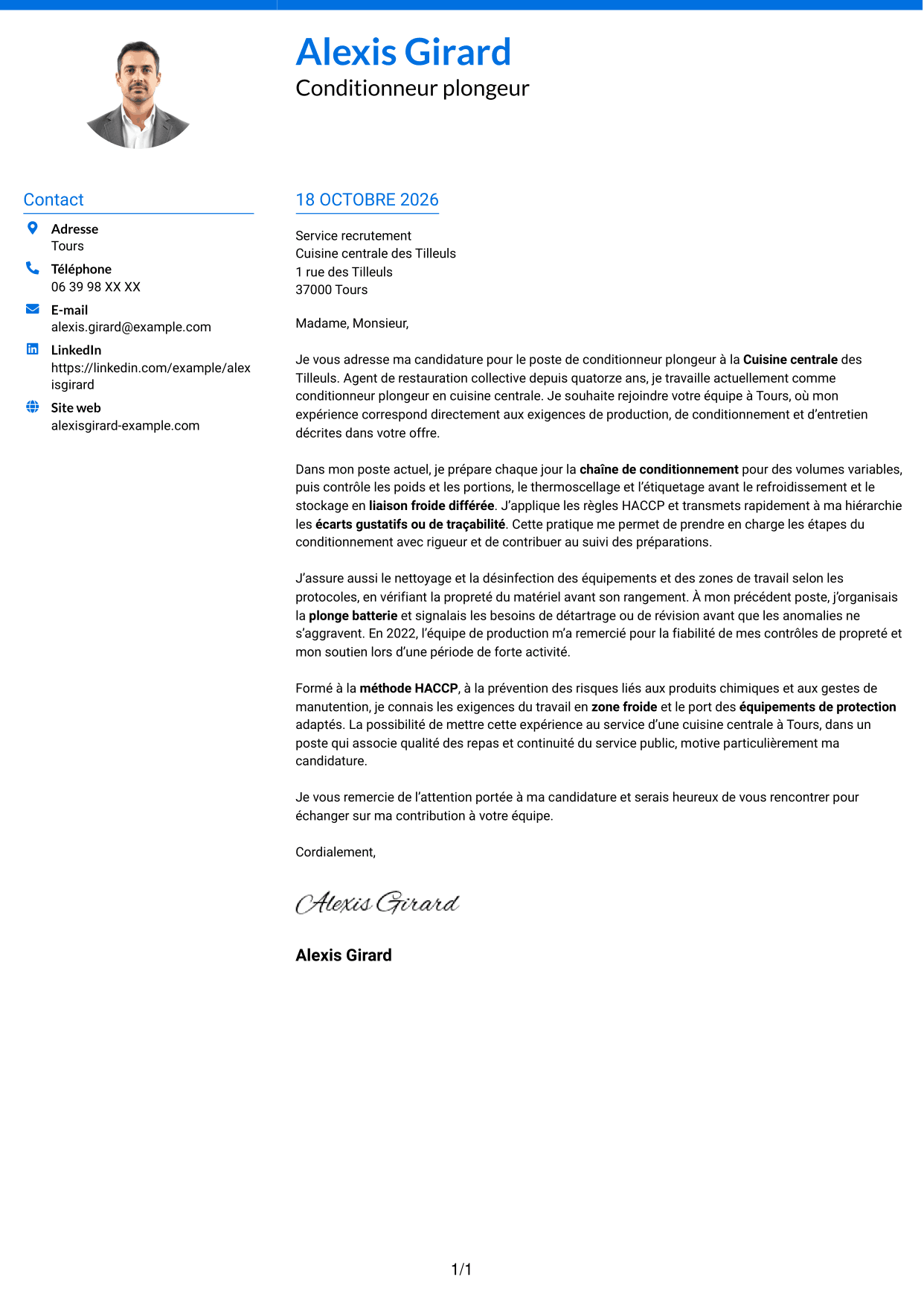 Lettre de motivation Audacieux (format à deux colonnes avec accents colorés et photo) : Conditionneur plongeur - Restauration collective, page 1