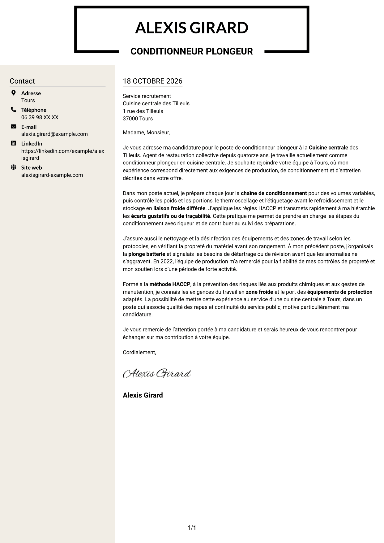 Lettre de motivation Fonceur (format à deux colonnes avec en-tête centré sans photo) : Conditionneur plongeur - Restauration collective, page 1
