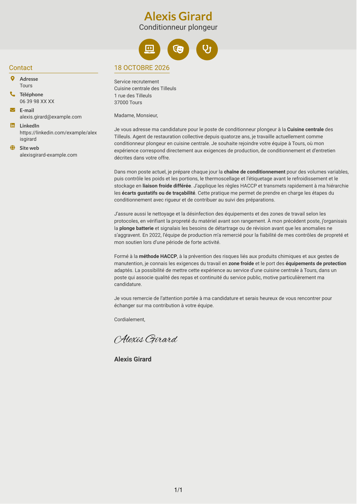 Lettre de motivation Dynamique (format à deux colonnes avec icônes) : Conditionneur plongeur - Restauration collective, page 1