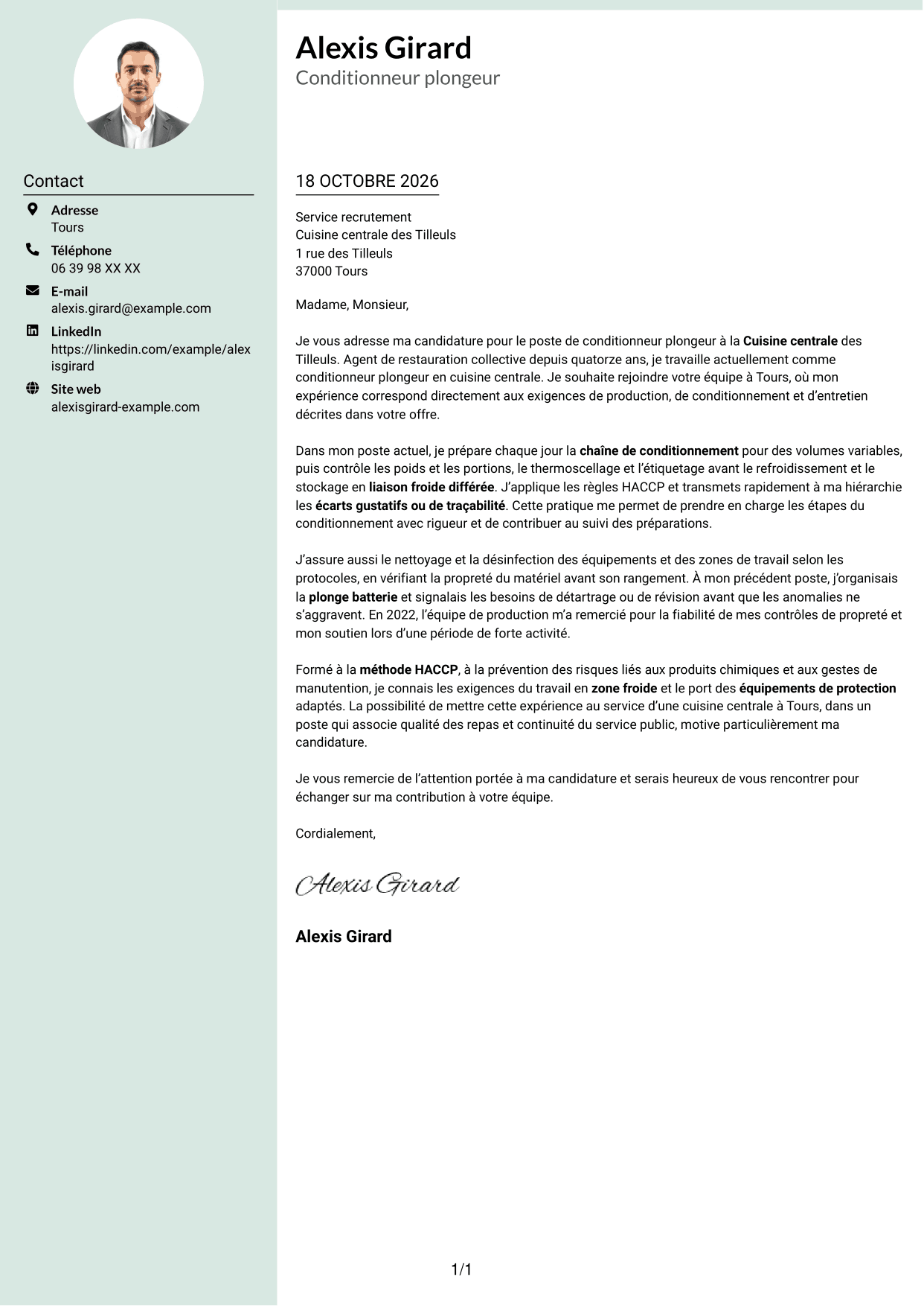 Lettre de motivation Cadre (format à colonne latérale douce avec photo arrondie) : Conditionneur plongeur - Restauration collective, page 1