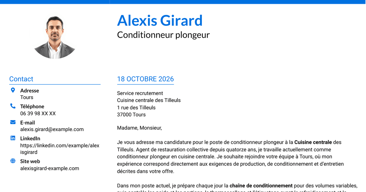 7 modèles de lettre de motivation pour Conditionneur plongeur - Restauration collective, avec exemples