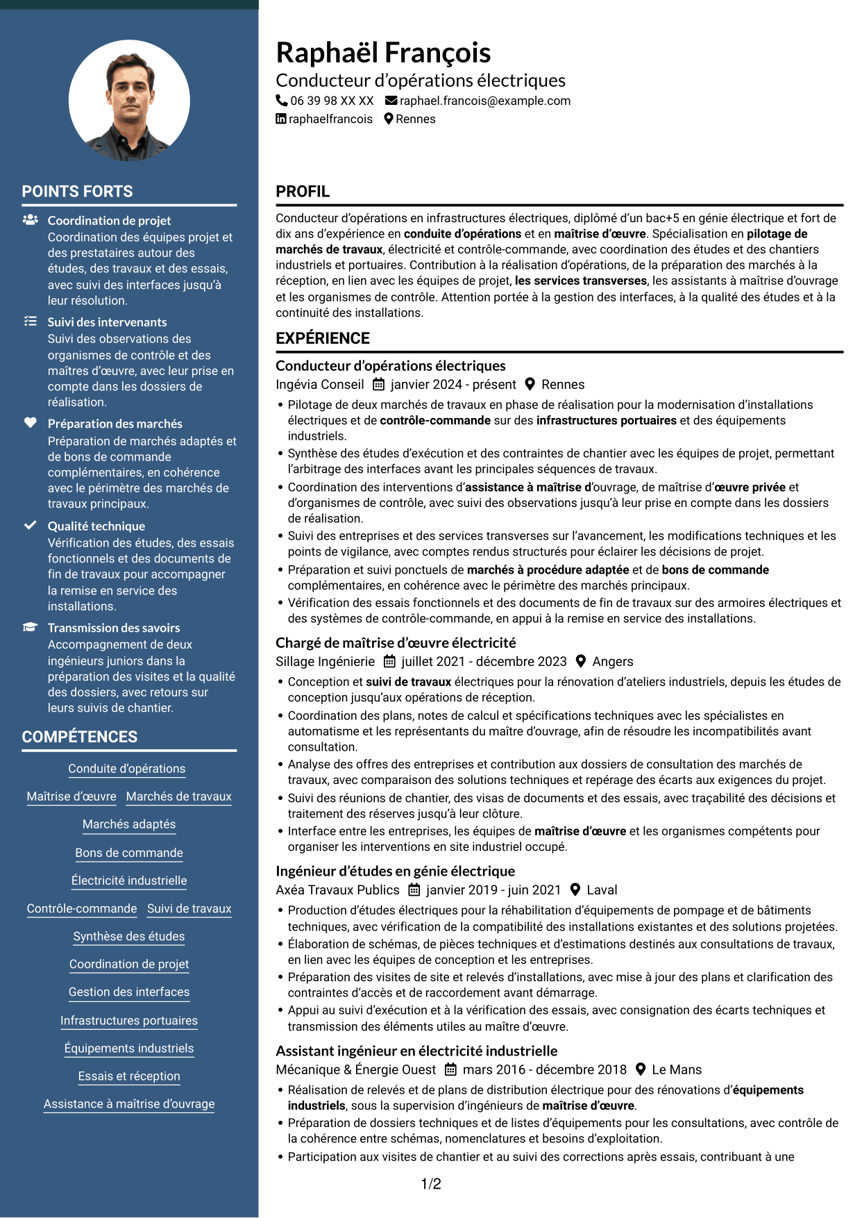 CV Élégant (format à colonne latérale colorée avec photo) : Conducteur d’opérations - Travaux électriques et contrôle-commande, page 1