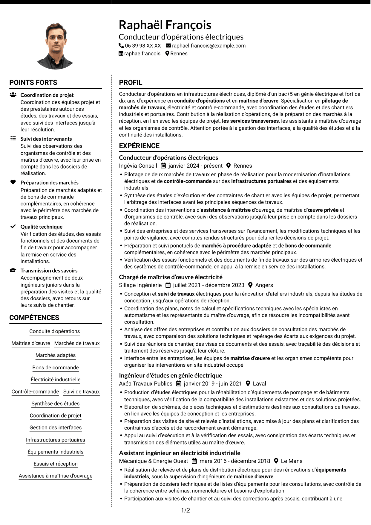 CV Moderne (format à deux colonnes avec photo à gauche et séparateur) : Conducteur d’opérations - Travaux électriques et contrôle-commande, page 1