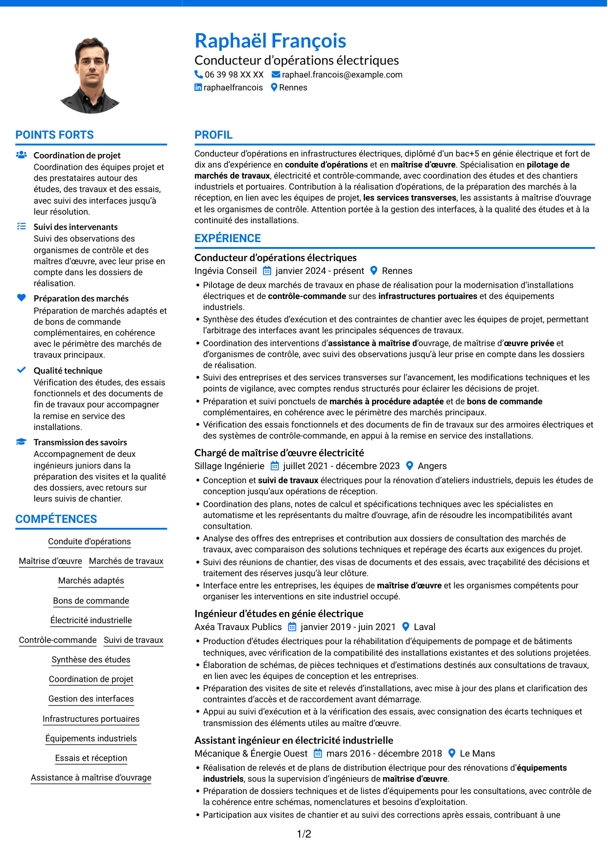 CV Audacieux (format à deux colonnes avec accents colorés et photo) : Conducteur d’opérations - Travaux électriques et contrôle-commande, page 1