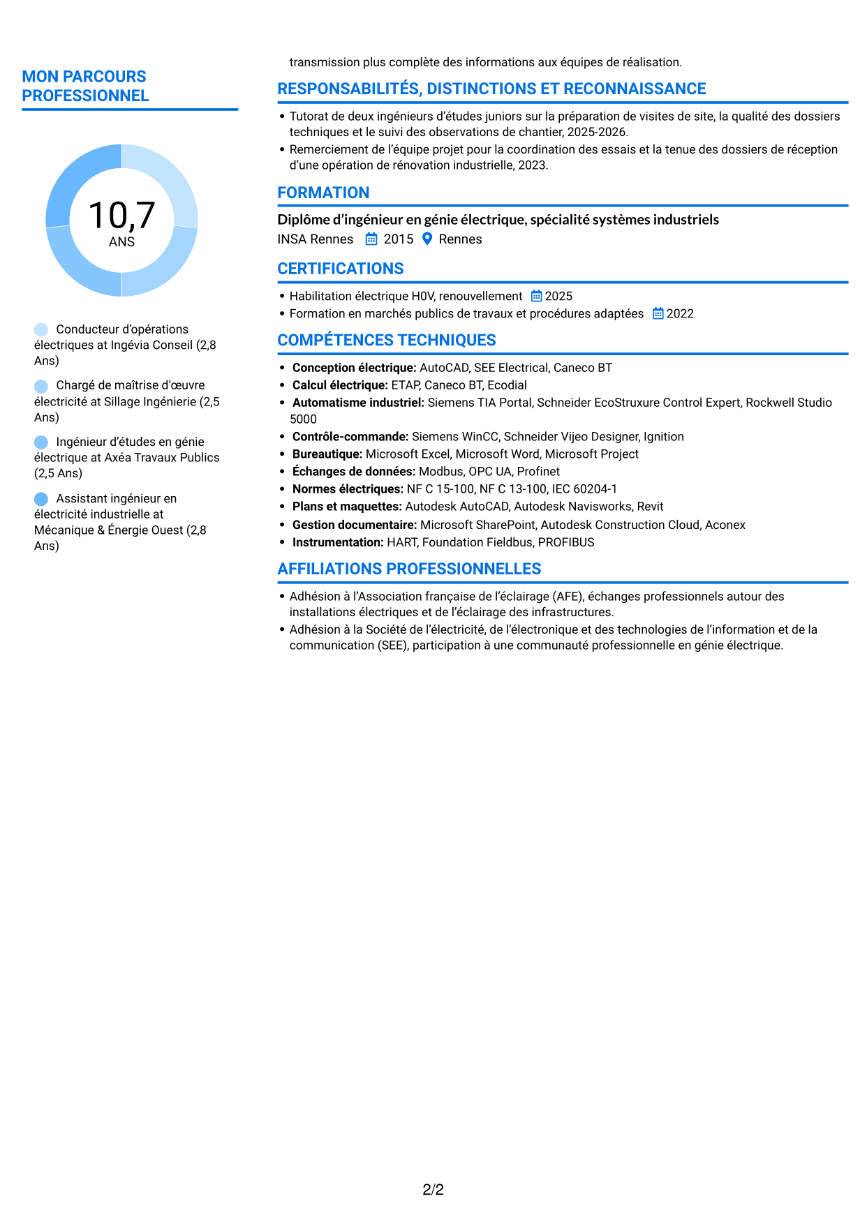 CV Audacieux (format à deux colonnes avec accents colorés et photo) : Conducteur d’opérations - Travaux électriques et contrôle-commande, page 2