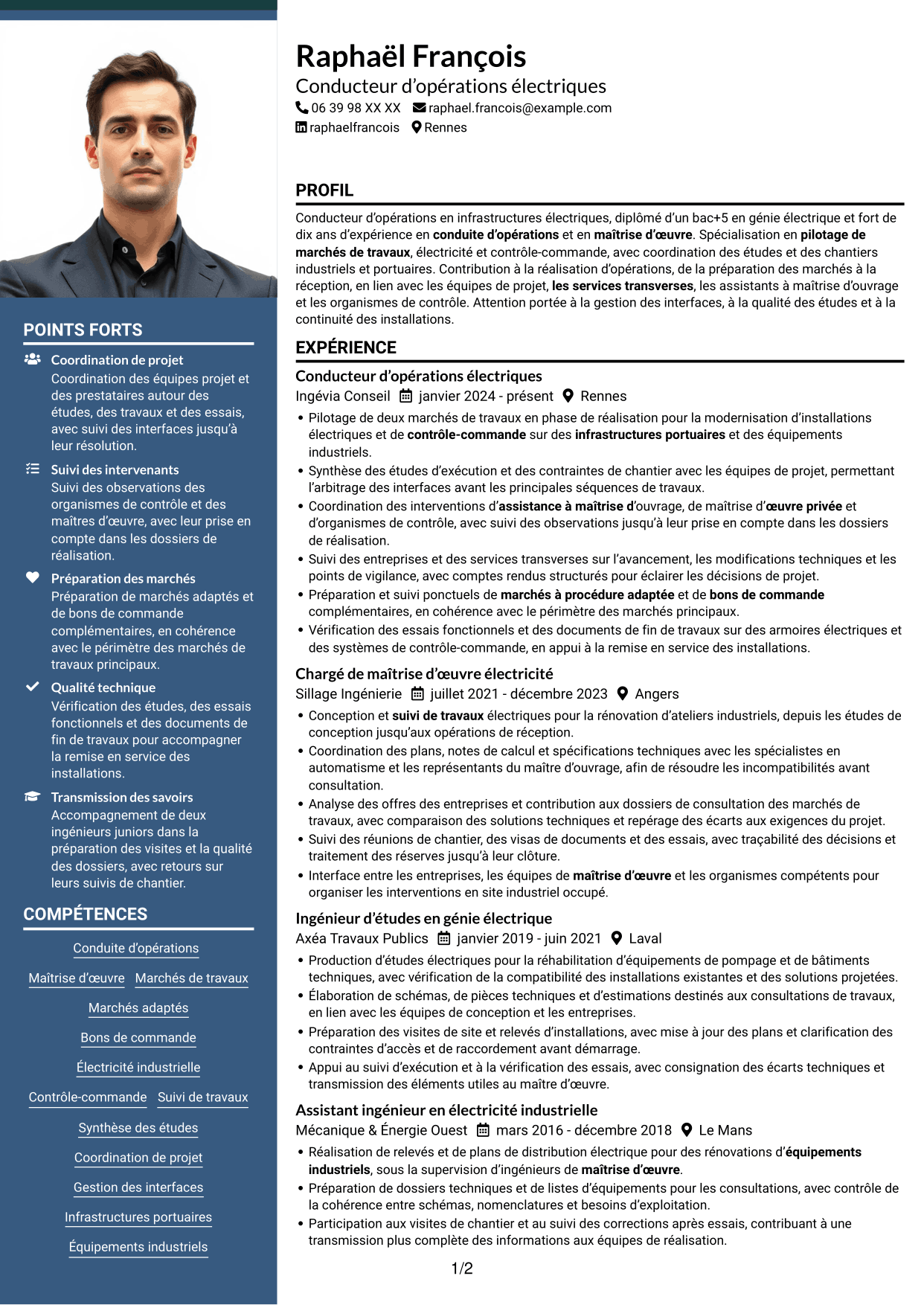 CV Signature (format à colonne latérale colorée avec grande photo) : Conducteur d’opérations - Travaux électriques et contrôle-commande, page 1