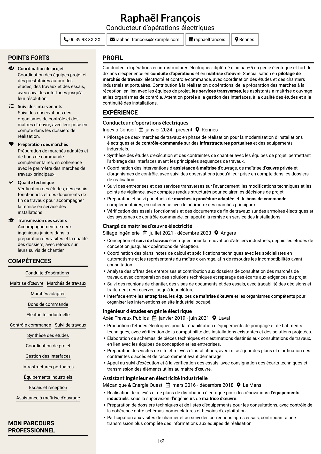 CV Fonceur (format à deux colonnes avec en-tête centré sans photo) : Conducteur d’opérations - Travaux électriques et contrôle-commande, page 1