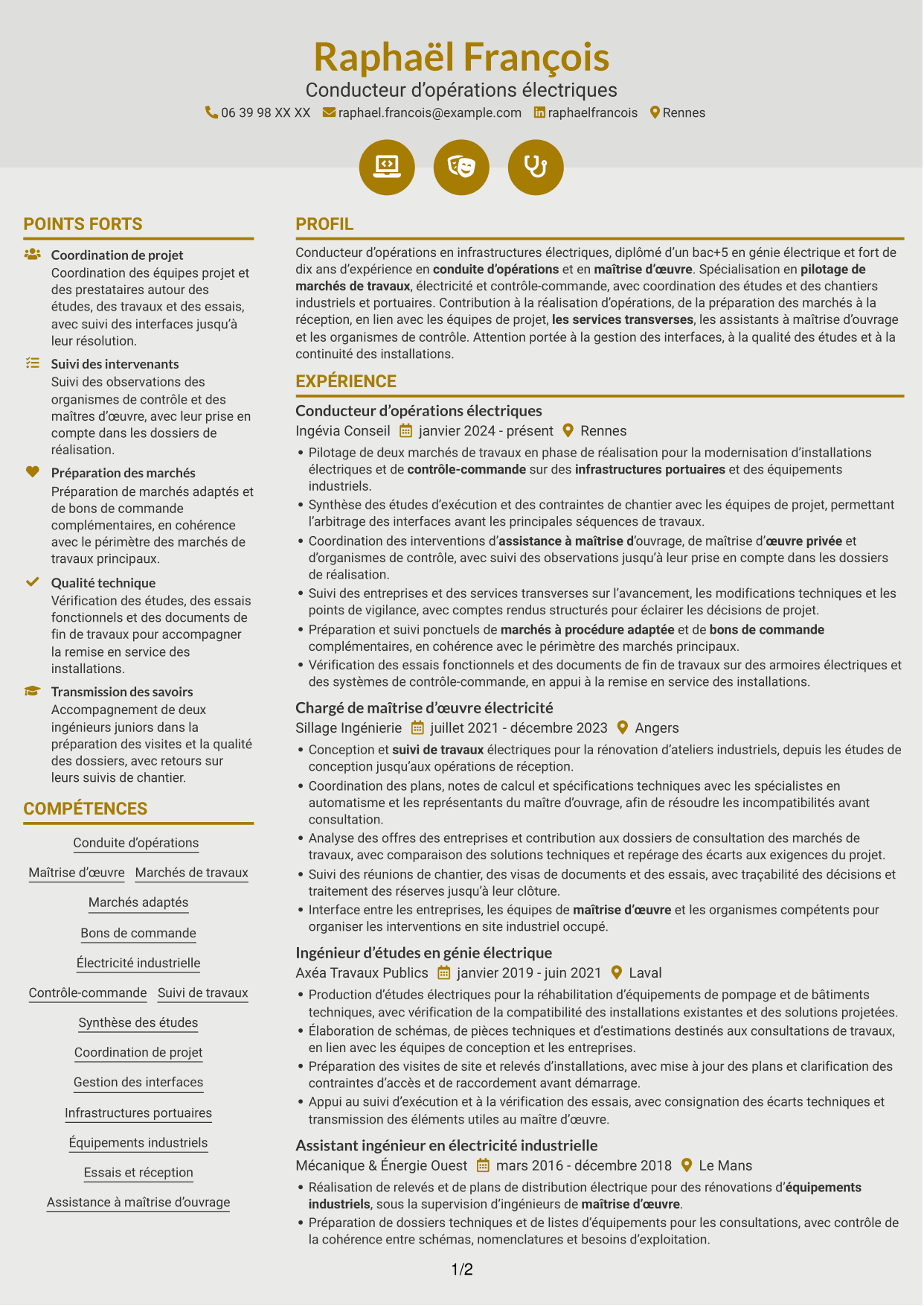 CV Dynamique (format à deux colonnes avec icônes) : Conducteur d’opérations - Travaux électriques et contrôle-commande, page 1