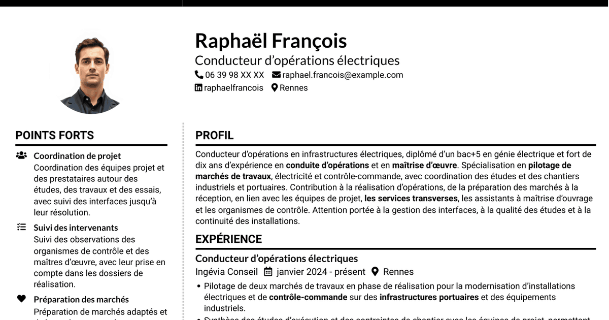7 modèles de CV pour Conducteur d’opérations - Travaux électriques et contrôle-commande, avec exemples