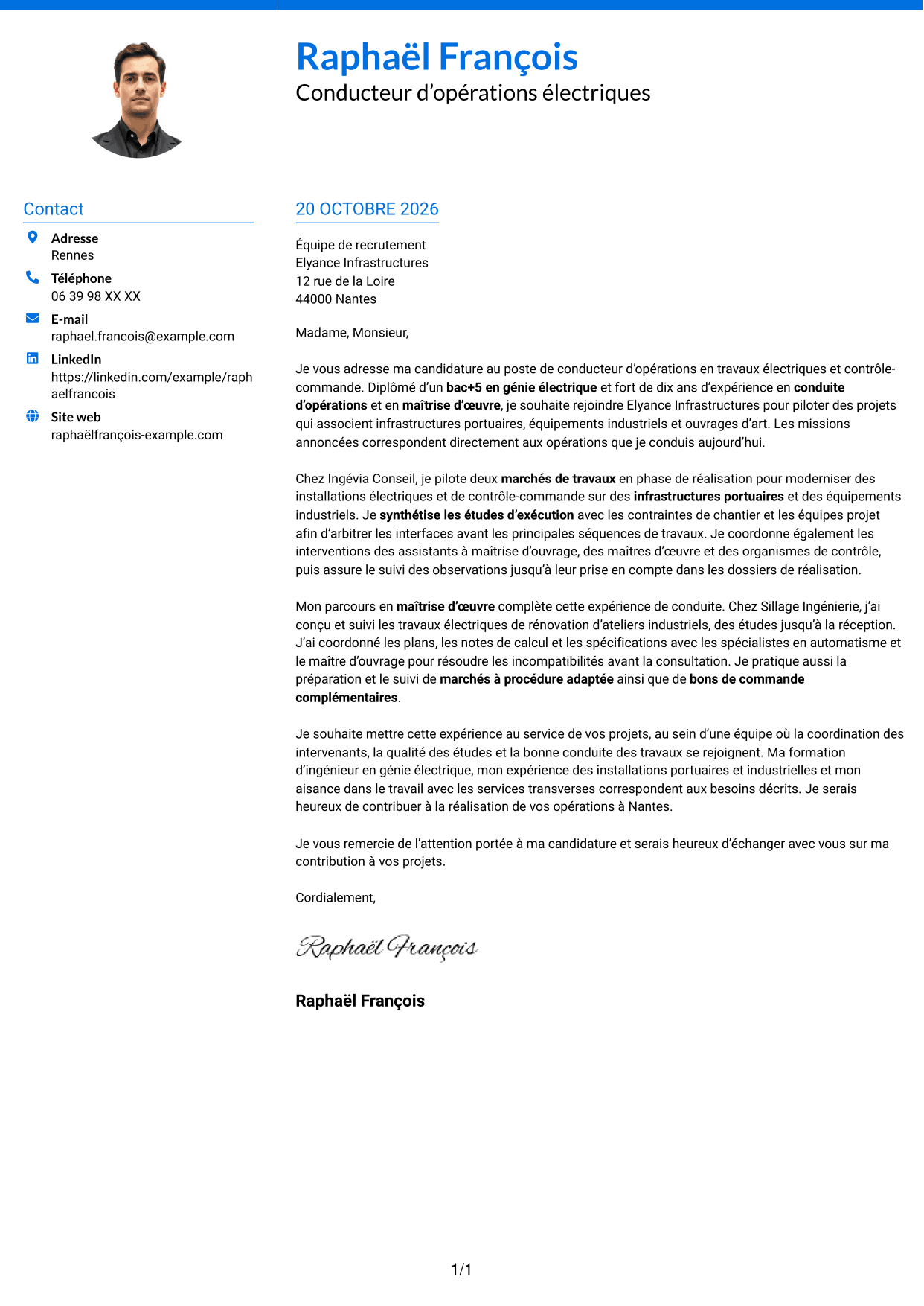 Lettre de motivation Audacieux (format à deux colonnes avec accents colorés et photo) : Conducteur d’opérations - Travaux électriques et contrôle-commande, page 1