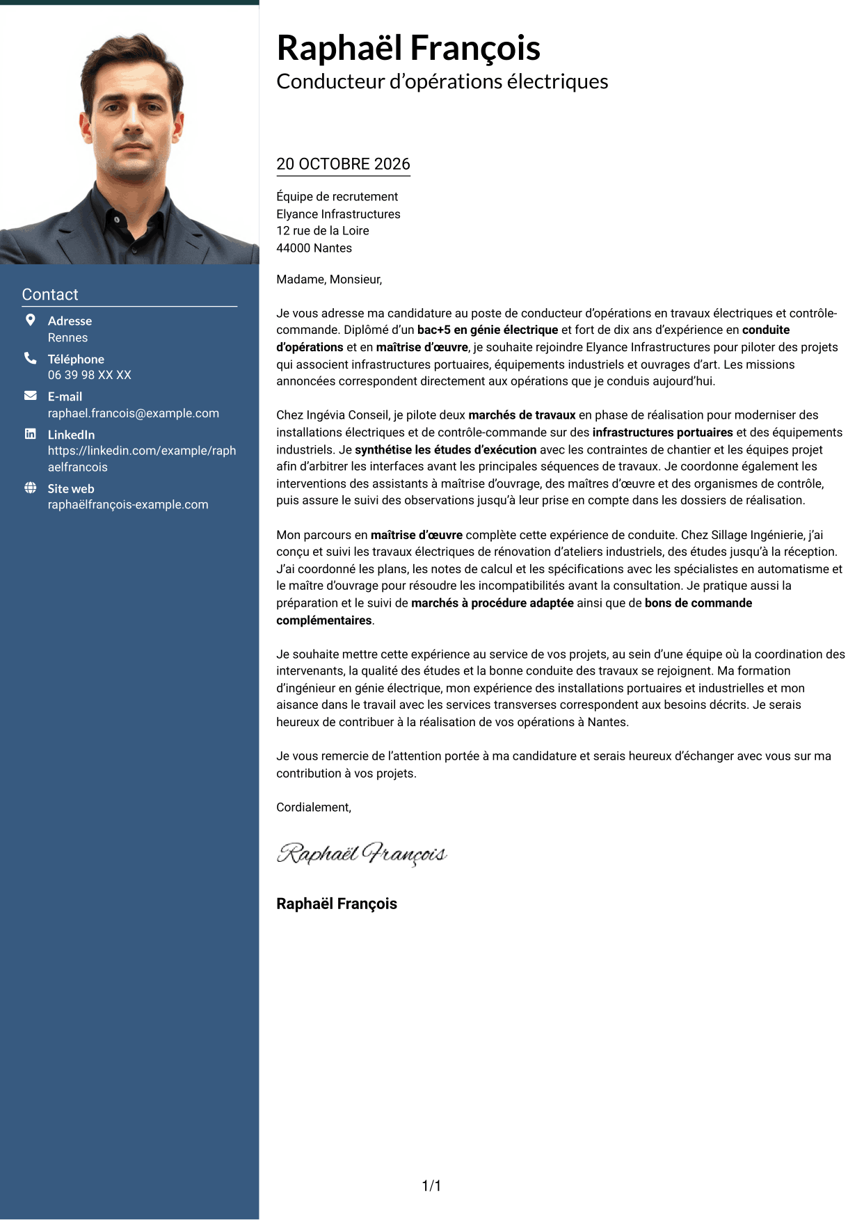 Lettre de motivation Signature (format à colonne latérale colorée avec grande photo) : Conducteur d’opérations - Travaux électriques et contrôle-commande, page 1