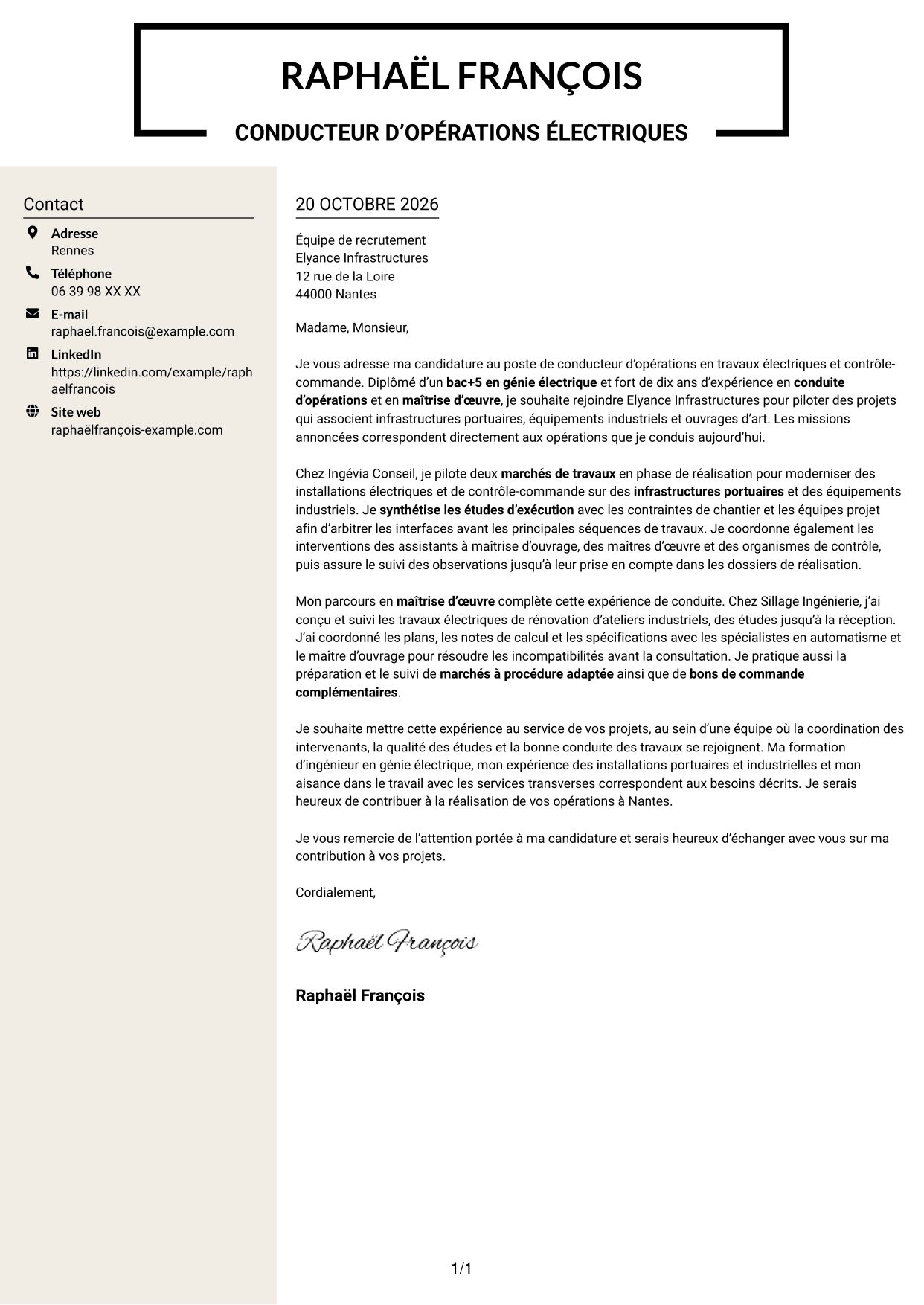Lettre de motivation Fonceur (format à deux colonnes avec en-tête centré sans photo) : Conducteur d’opérations - Travaux électriques et contrôle-commande, page 1