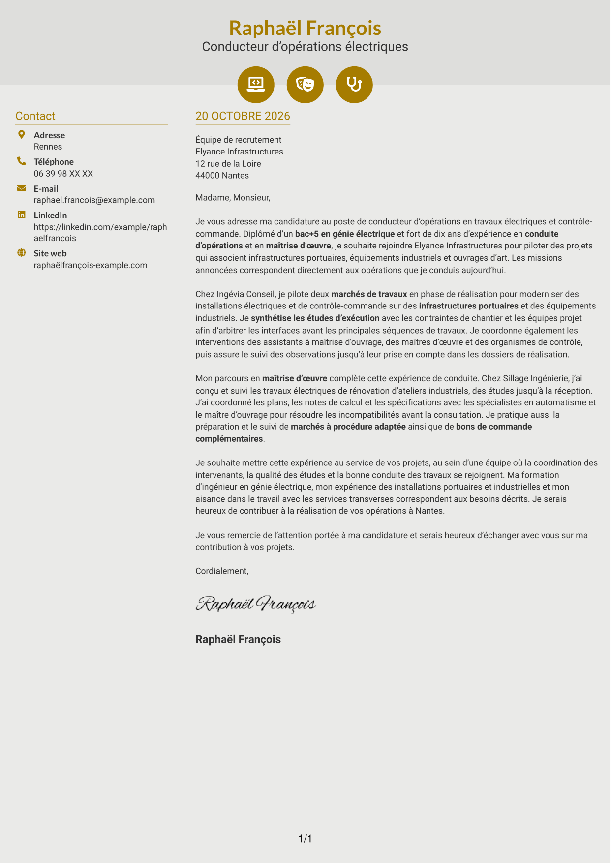 Lettre de motivation Dynamique (format à deux colonnes avec icônes) : Conducteur d’opérations - Travaux électriques et contrôle-commande, page 1