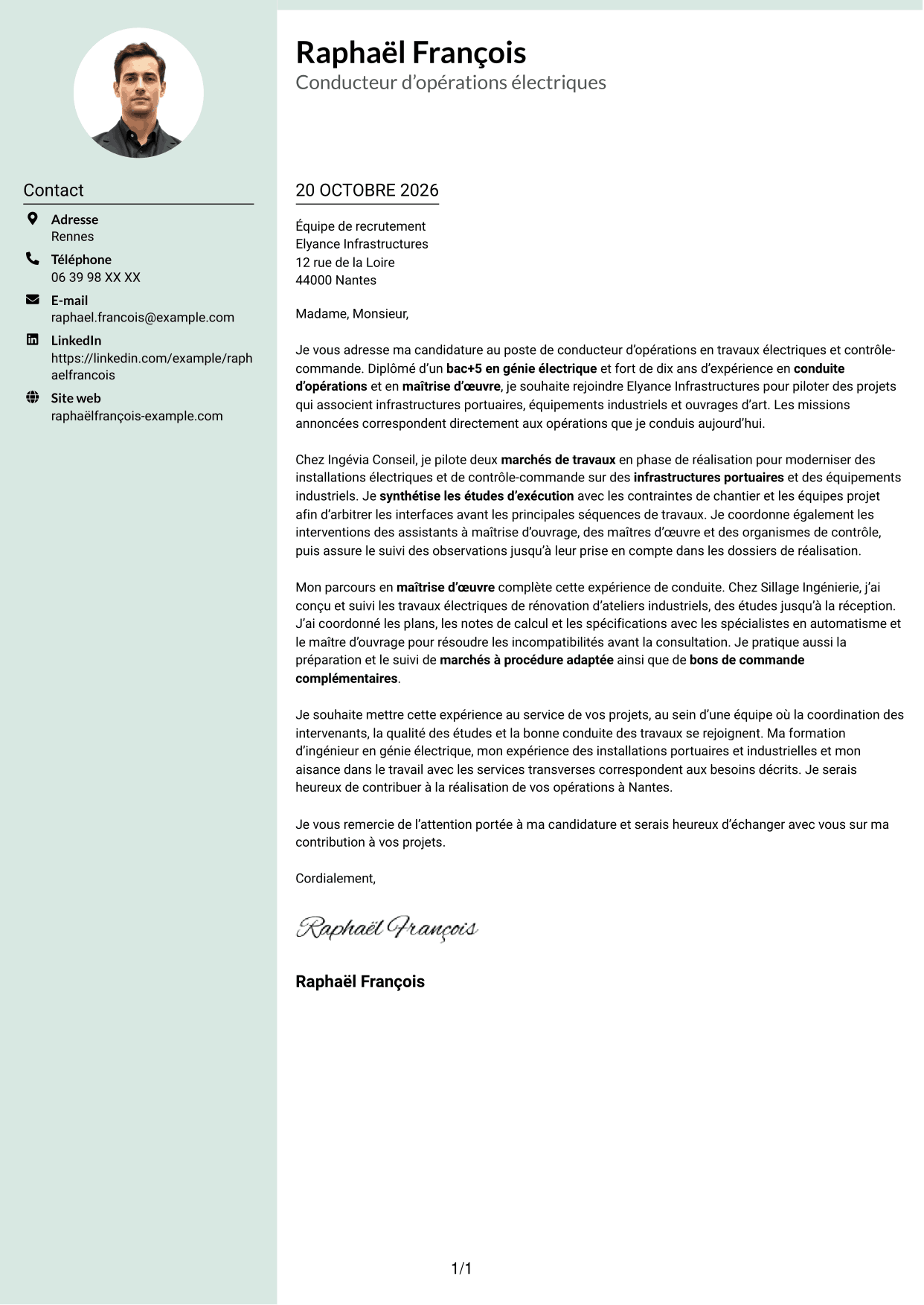 Lettre de motivation Cadre (format à colonne latérale douce avec photo arrondie) : Conducteur d’opérations - Travaux électriques et contrôle-commande, page 1