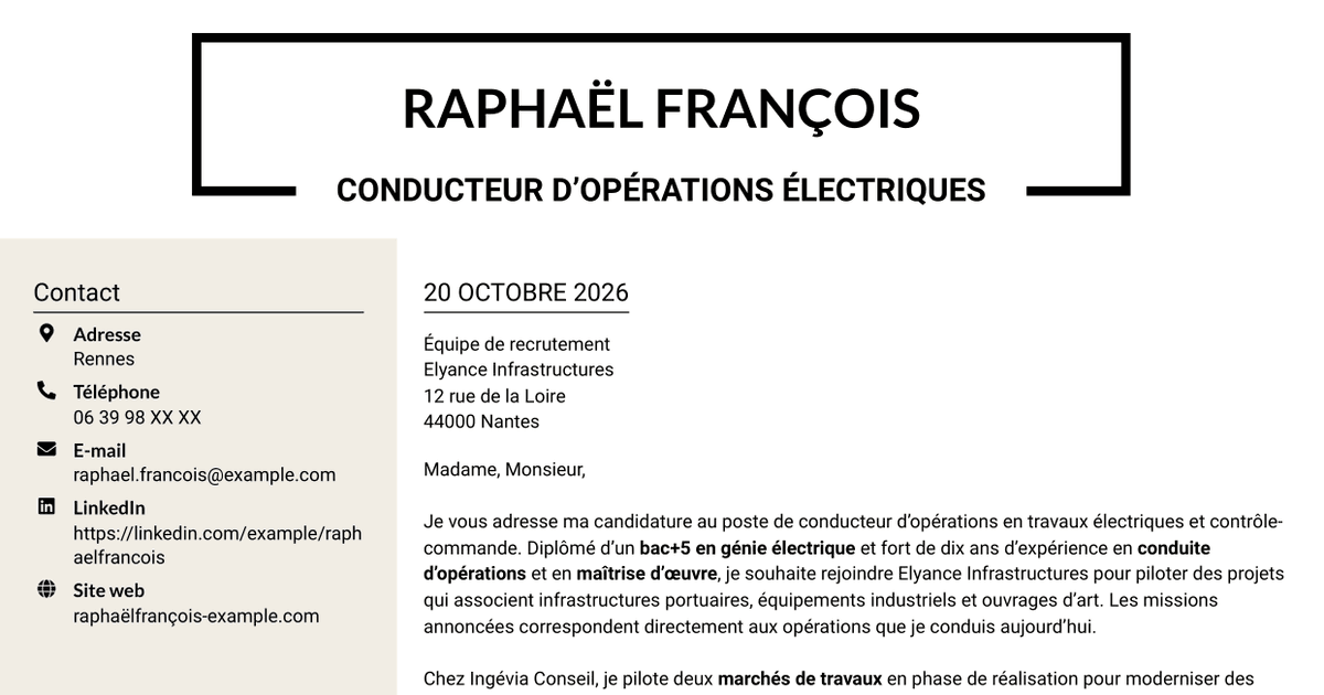 7 modèles de lettre de motivation pour Conducteur d’opérations - Travaux électriques et contrôle-commande, avec exemples
