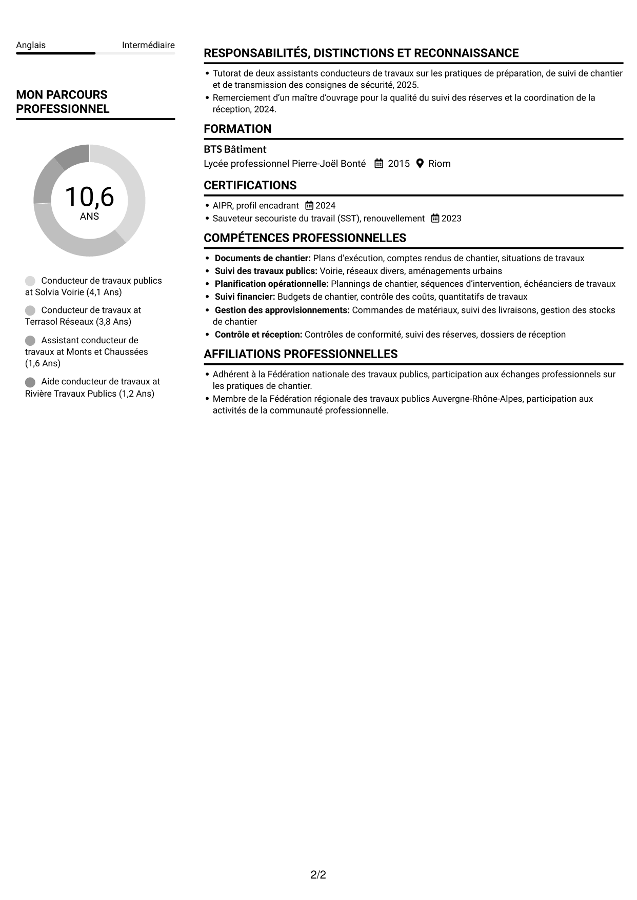 CV Compact (format sobre à deux colonnes avec photo) : Conducteur de travaux publics, page 2