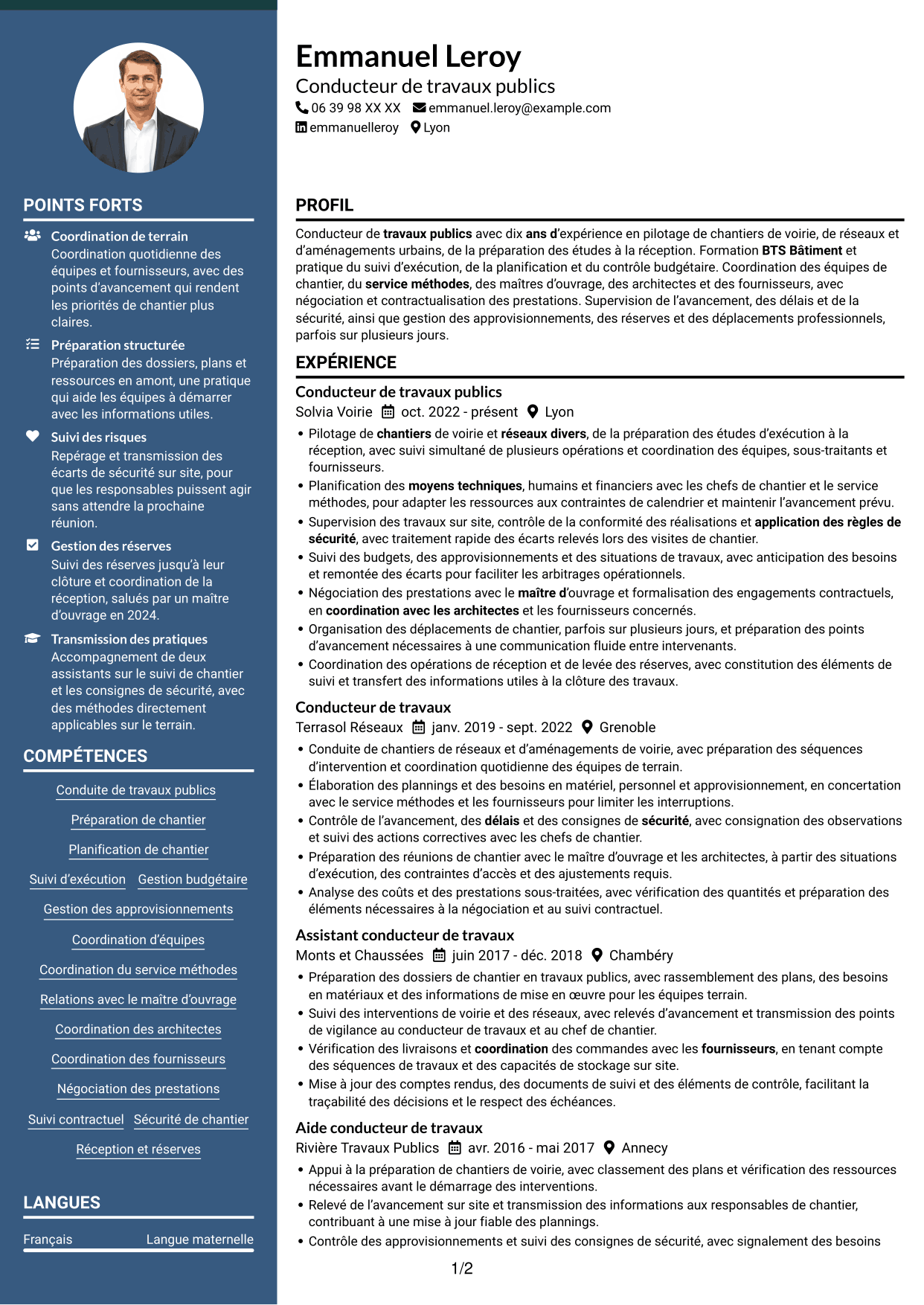 CV Élégant (format à colonne latérale colorée avec photo) : Conducteur de travaux publics, page 1