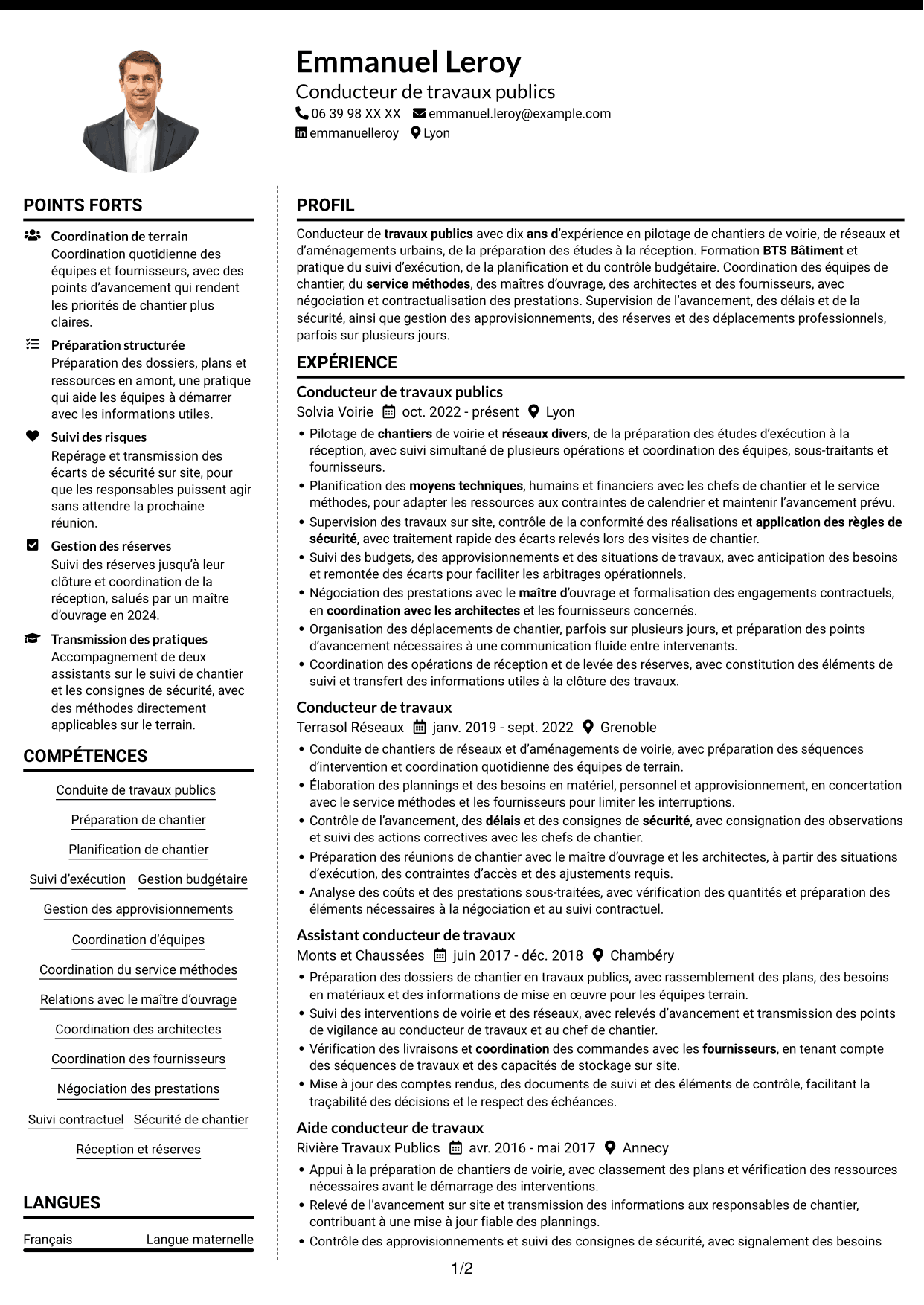 CV Moderne (format à deux colonnes avec photo à gauche et séparateur) : Conducteur de travaux publics, page 1