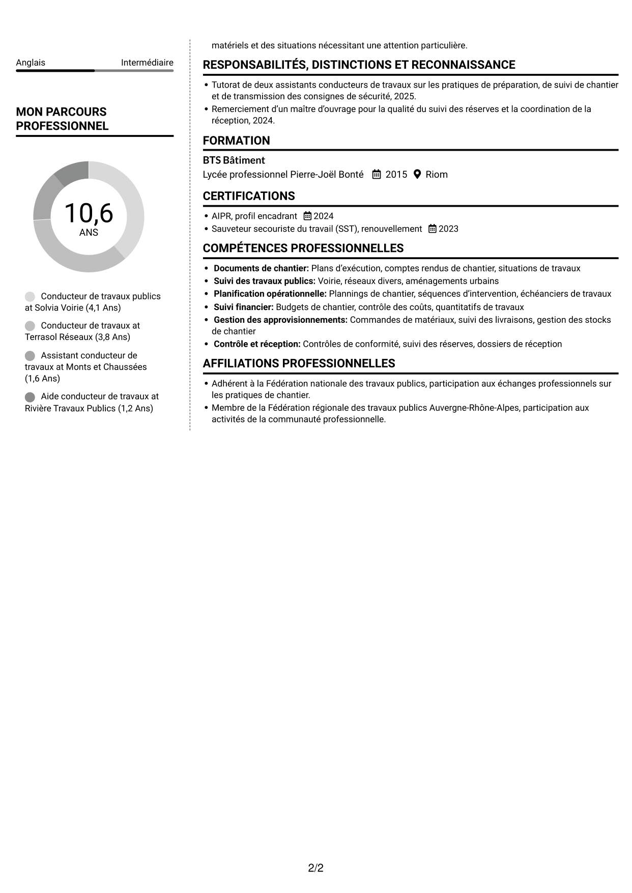 CV Moderne (format à deux colonnes avec photo à gauche et séparateur) : Conducteur de travaux publics, page 2