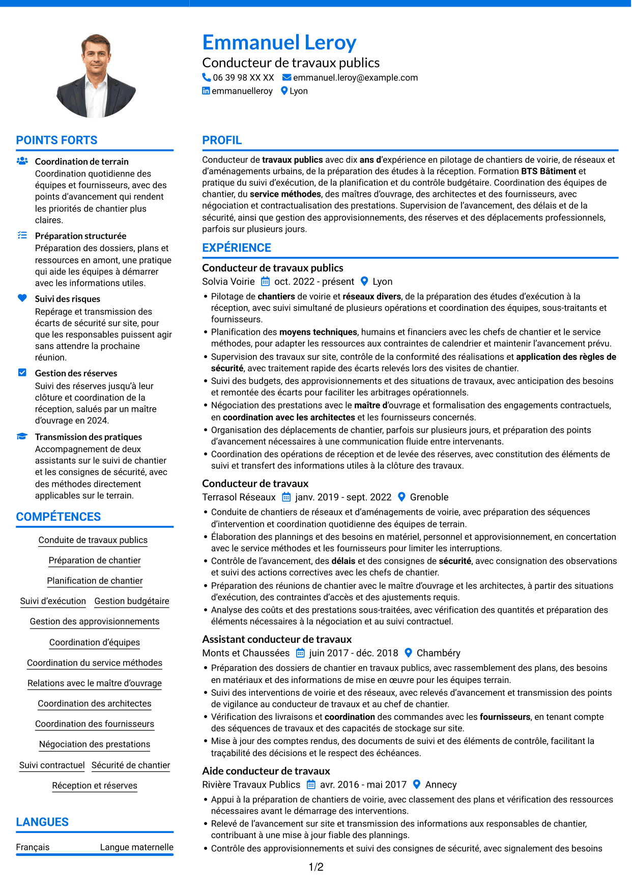 CV Audacieux (format à deux colonnes avec accents colorés et photo) : Conducteur de travaux publics, page 1