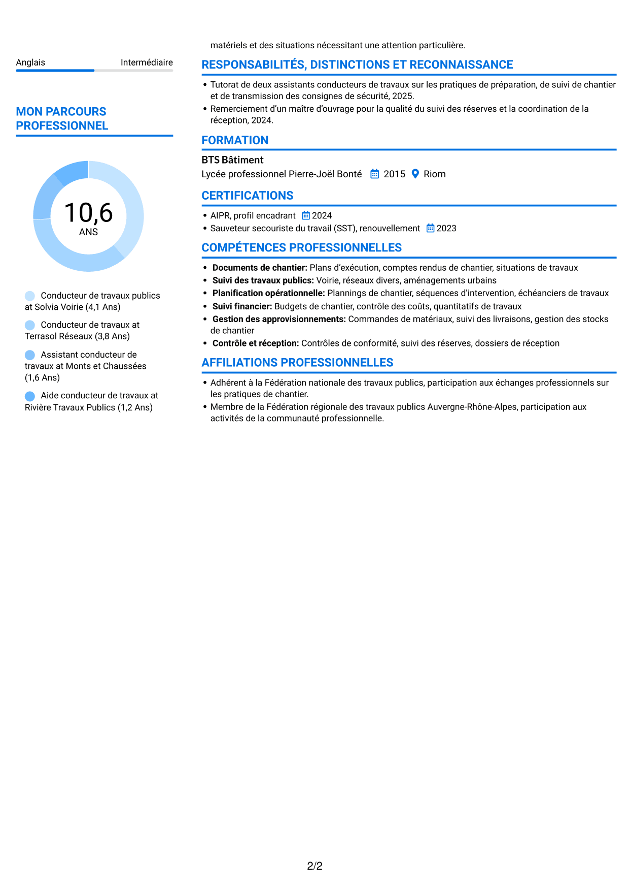 CV Audacieux (format à deux colonnes avec accents colorés et photo) : Conducteur de travaux publics, page 2