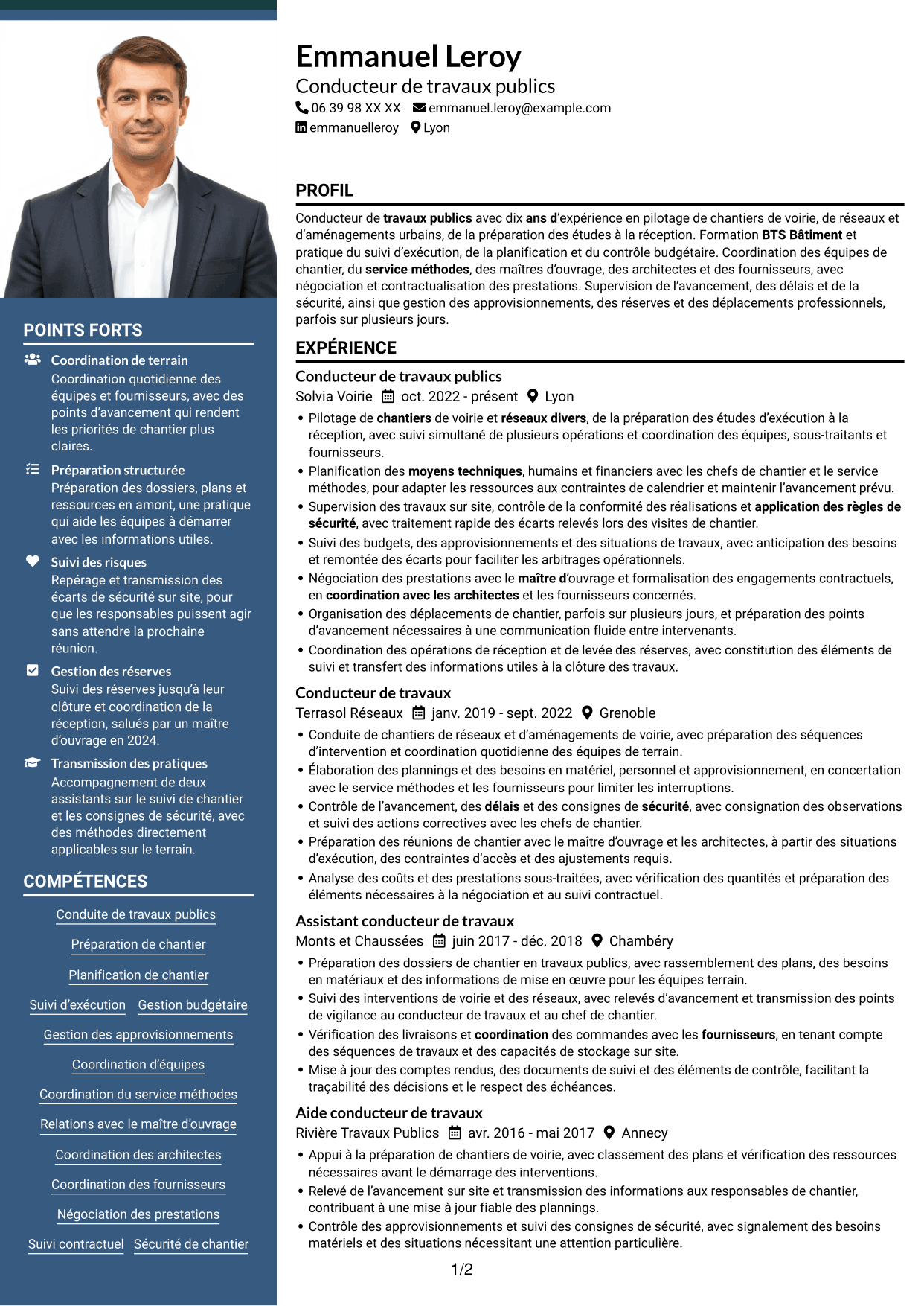 CV Signature (format à colonne latérale colorée avec grande photo) : Conducteur de travaux publics, page 1