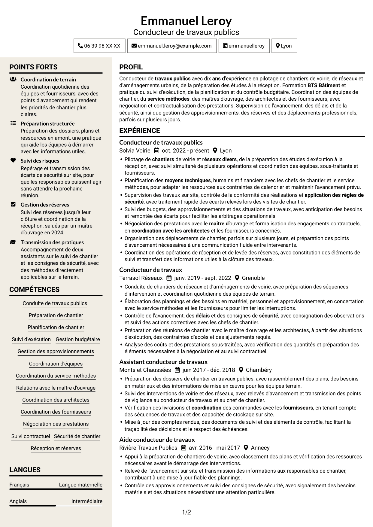CV Fonceur (format à deux colonnes avec en-tête centré sans photo) : Conducteur de travaux publics, page 1