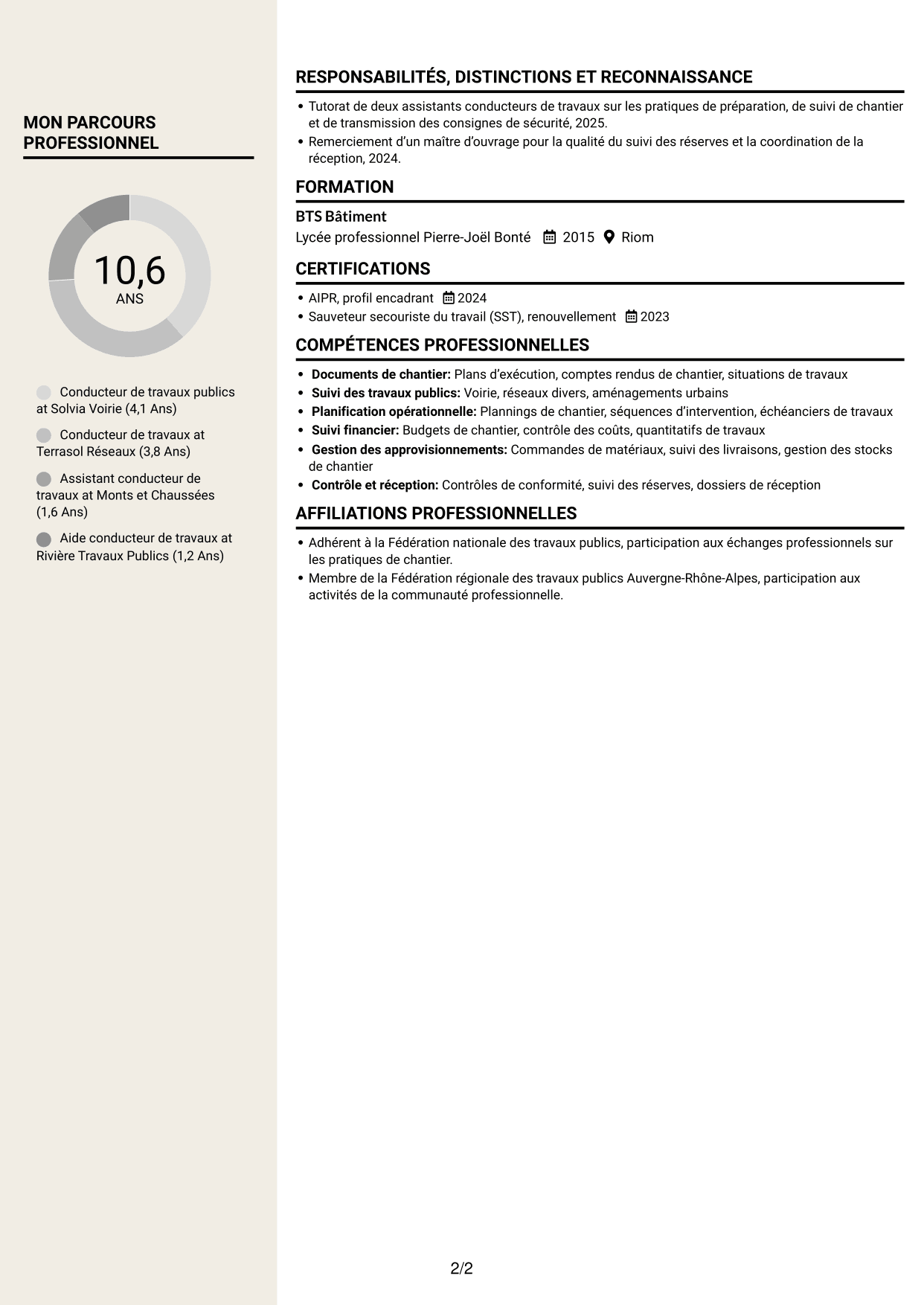 CV Fonceur (format à deux colonnes avec en-tête centré sans photo) : Conducteur de travaux publics, page 2