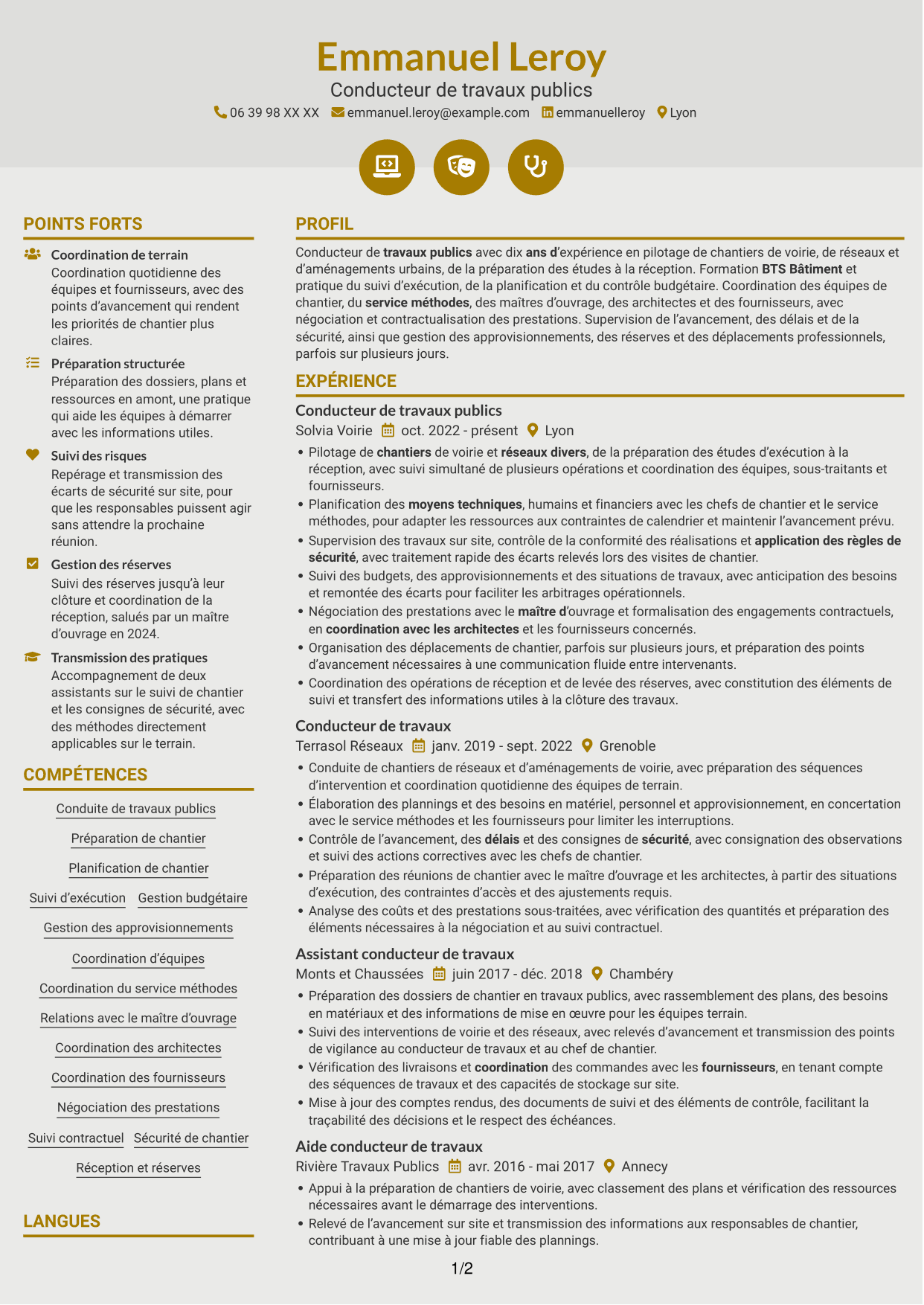 CV Dynamique (format à deux colonnes avec icônes) : Conducteur de travaux publics, page 1