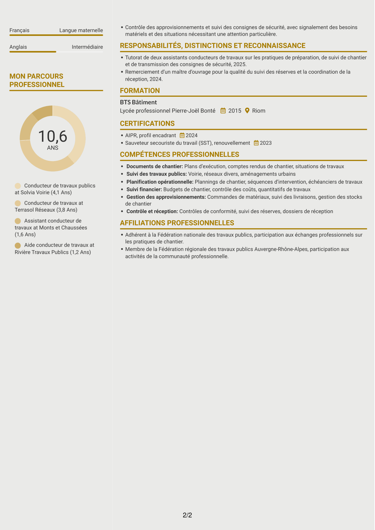 CV Dynamique (format à deux colonnes avec icônes) : Conducteur de travaux publics, page 2