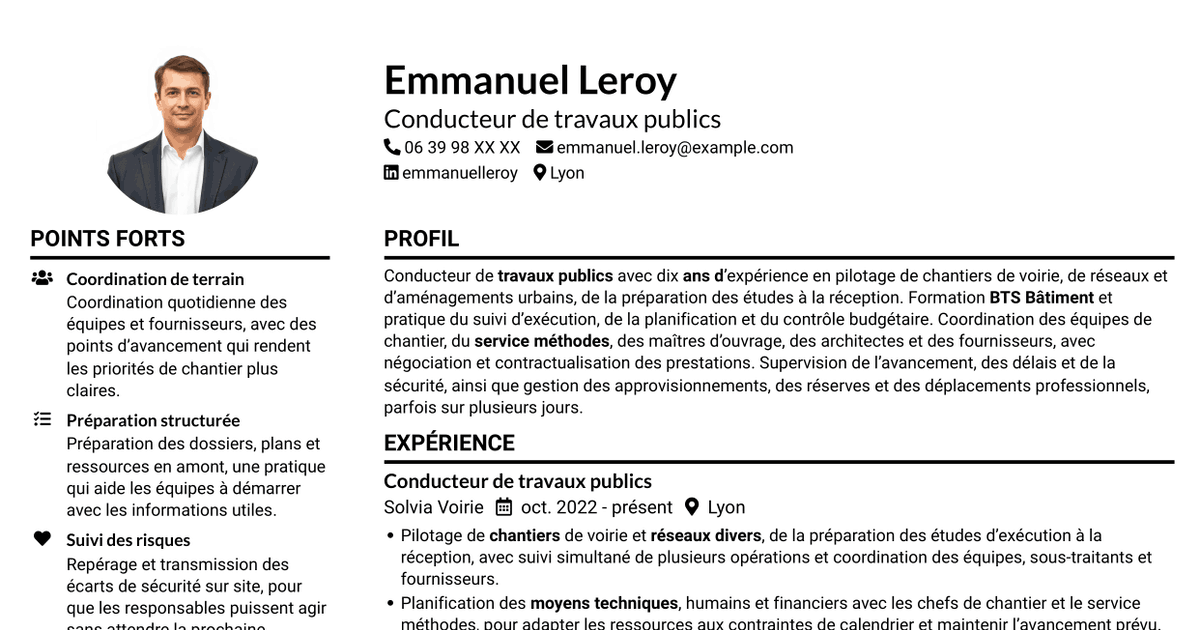 7 modèles de CV pour Conducteur de travaux publics, avec exemples