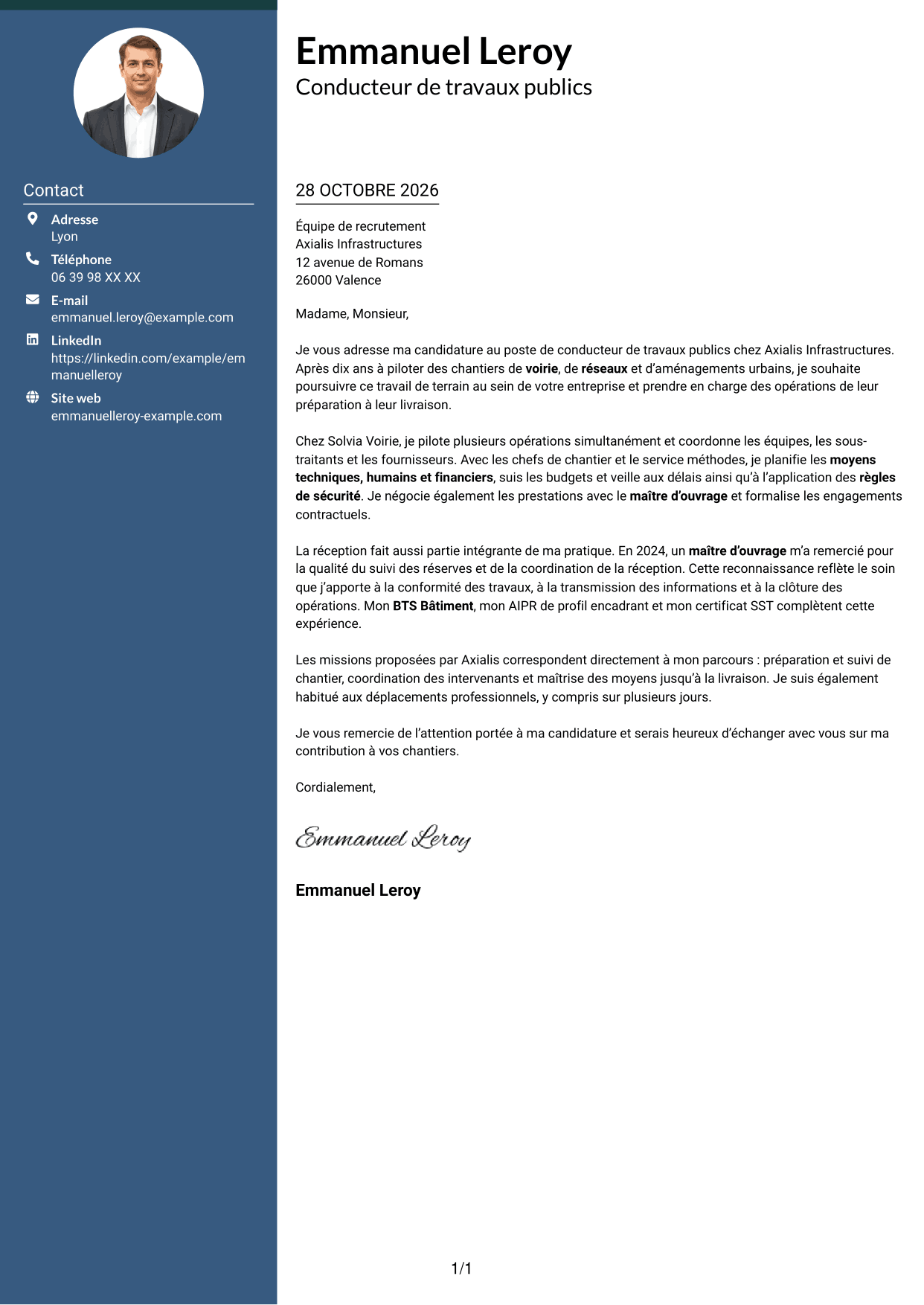 Lettre de motivation Élégant (format à colonne latérale colorée avec photo) : Conducteur de travaux publics, page 1