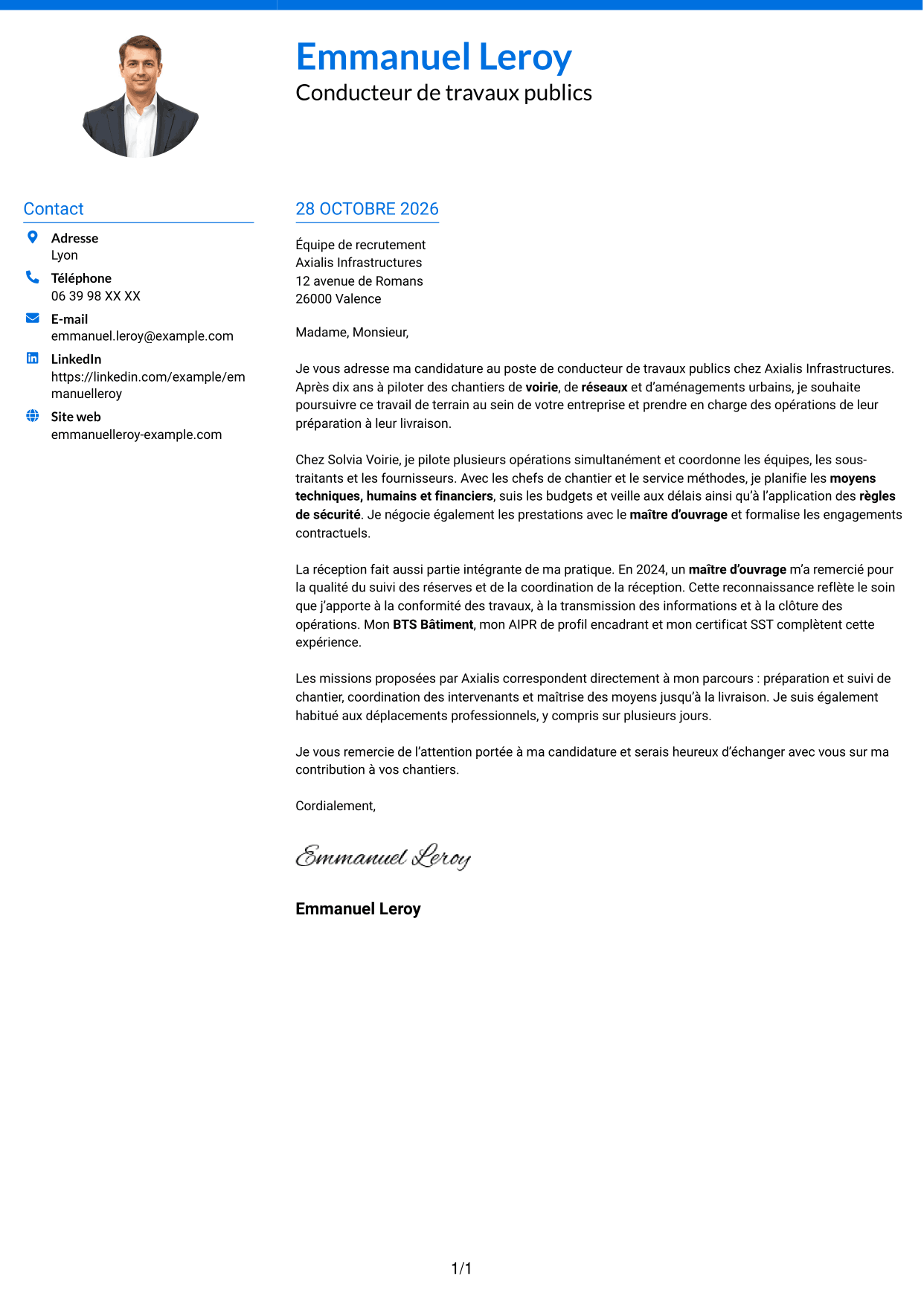 Lettre de motivation Audacieux (format à deux colonnes avec accents colorés et photo) : Conducteur de travaux publics, page 1