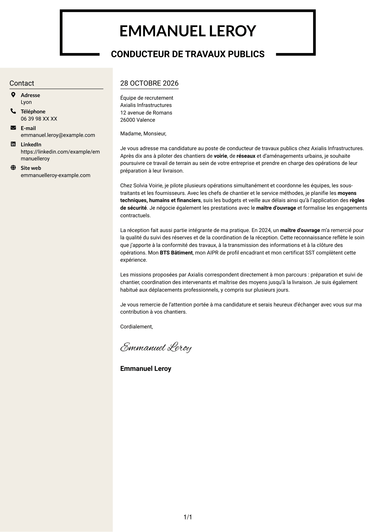 Lettre de motivation Fonceur (format à deux colonnes avec en-tête centré sans photo) : Conducteur de travaux publics, page 1
