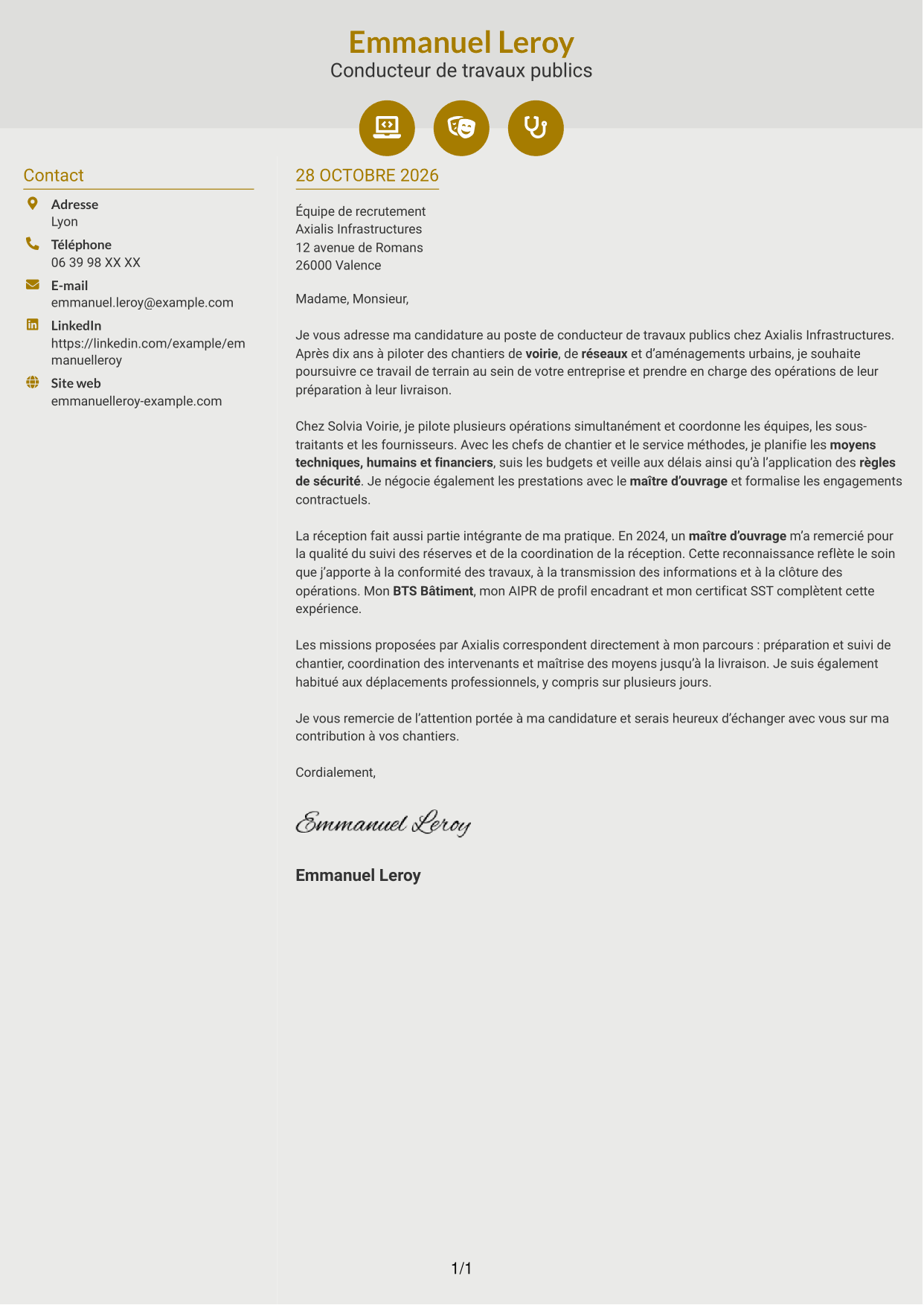Lettre de motivation Dynamique (format à deux colonnes avec icônes) : Conducteur de travaux publics, page 1