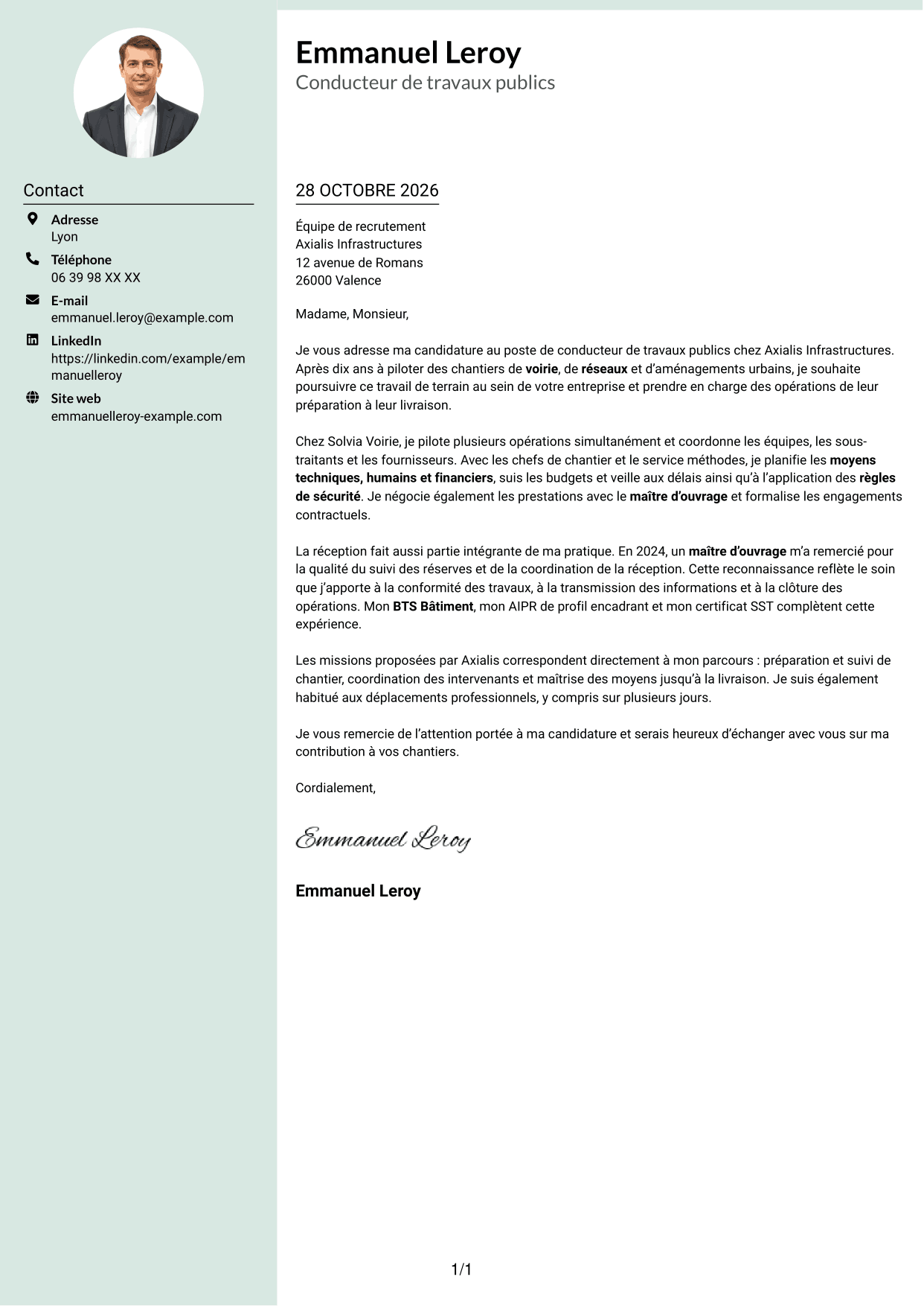 Lettre de motivation Cadre (format à colonne latérale douce avec photo arrondie) : Conducteur de travaux publics, page 1