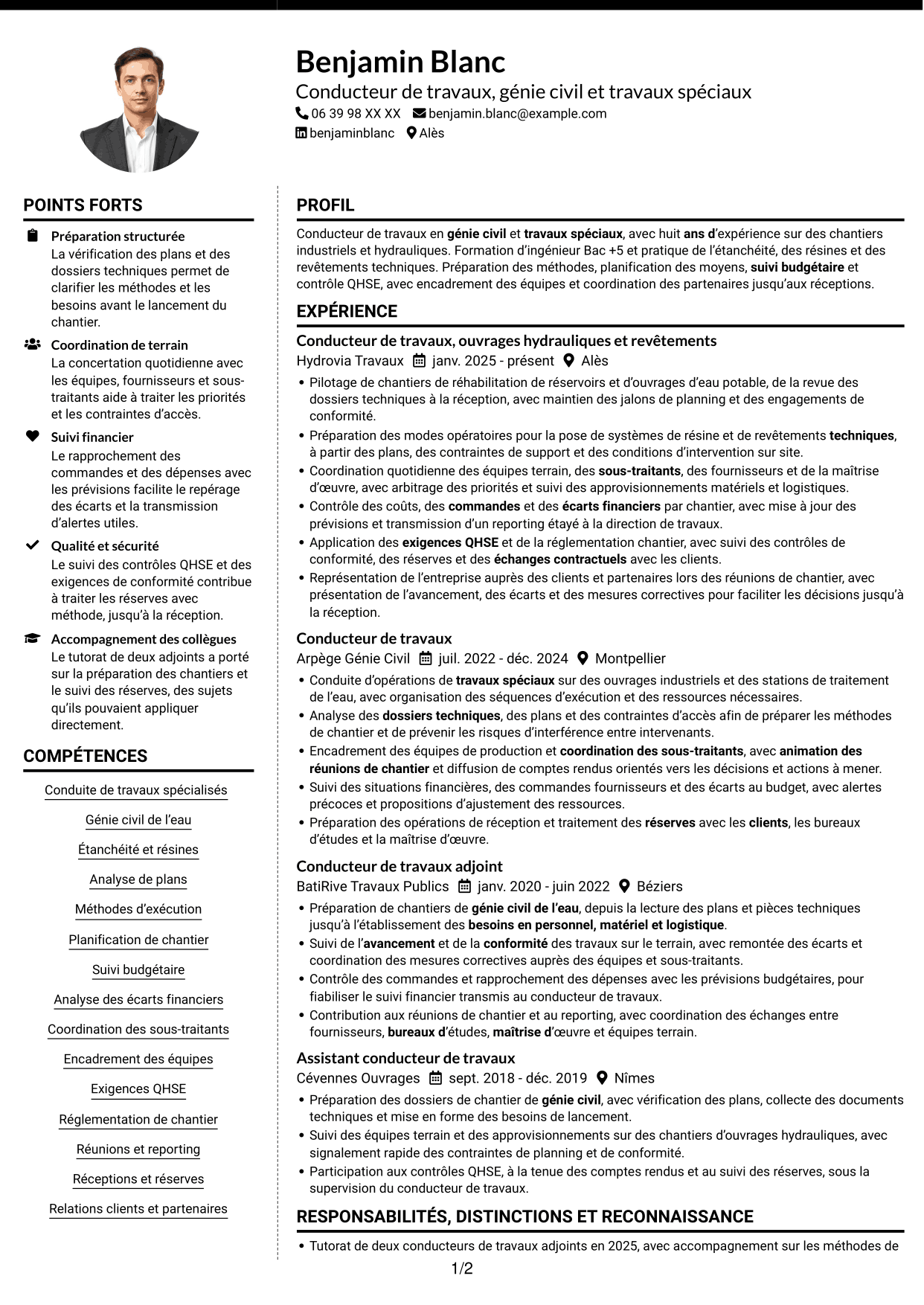 CV Moderne (format à deux colonnes avec photo à gauche et séparateur) : Conducteur de travaux - Travaux spéciaux et génie civil, page 1