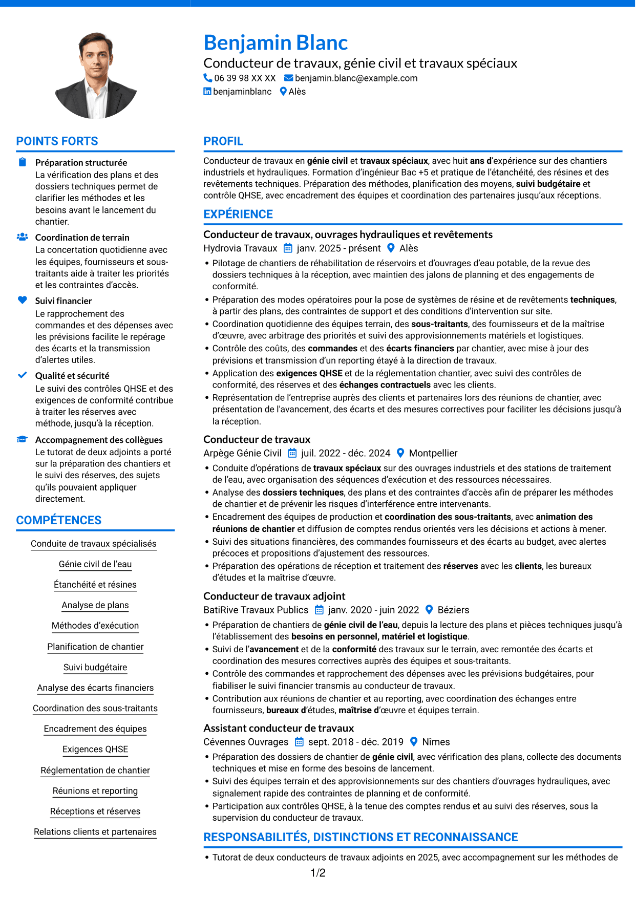 CV Audacieux (format à deux colonnes avec accents colorés et photo) : Conducteur de travaux - Travaux spéciaux et génie civil, page 1