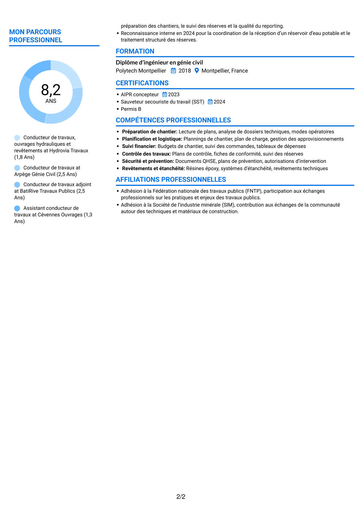 CV Audacieux (format à deux colonnes avec accents colorés et photo) : Conducteur de travaux - Travaux spéciaux et génie civil, page 2